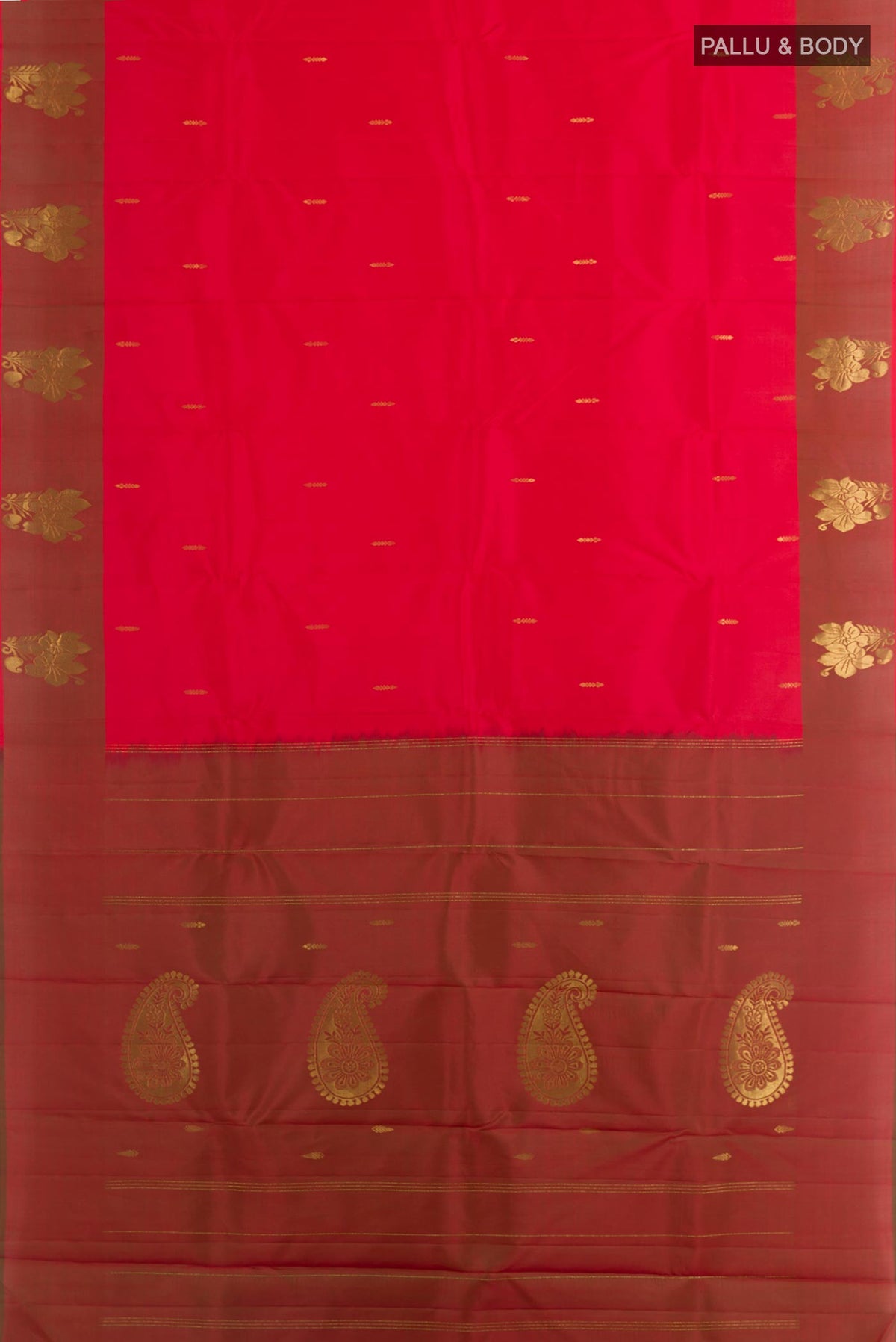 Flat view of Red Kanchipuram Silk Saree with Zari Butta on the body and Zari Border. 