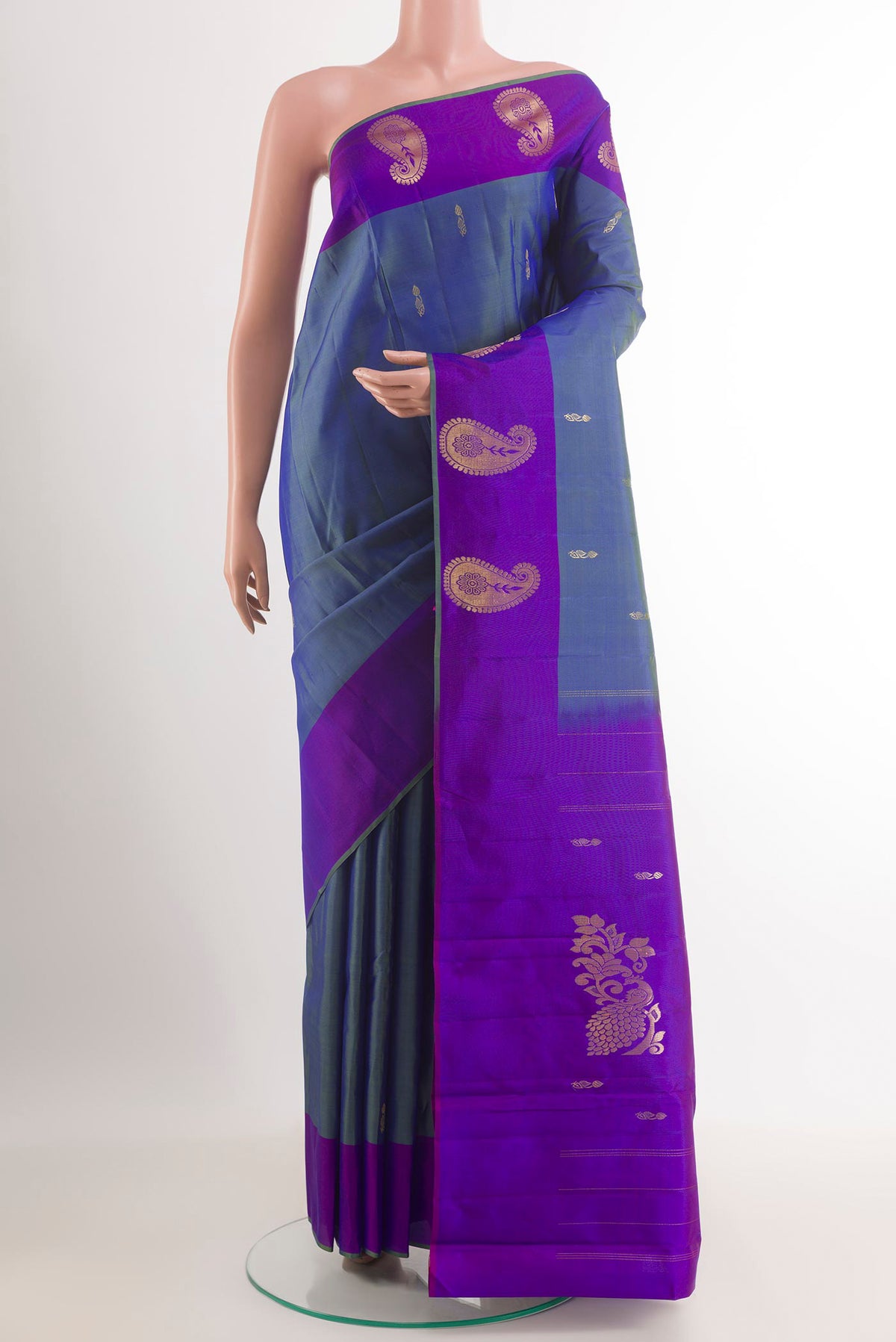 Blue Grey Kanchipuram Silk Saree with Zari Brocade on the body and Zari Border.  displayed on a mannequin