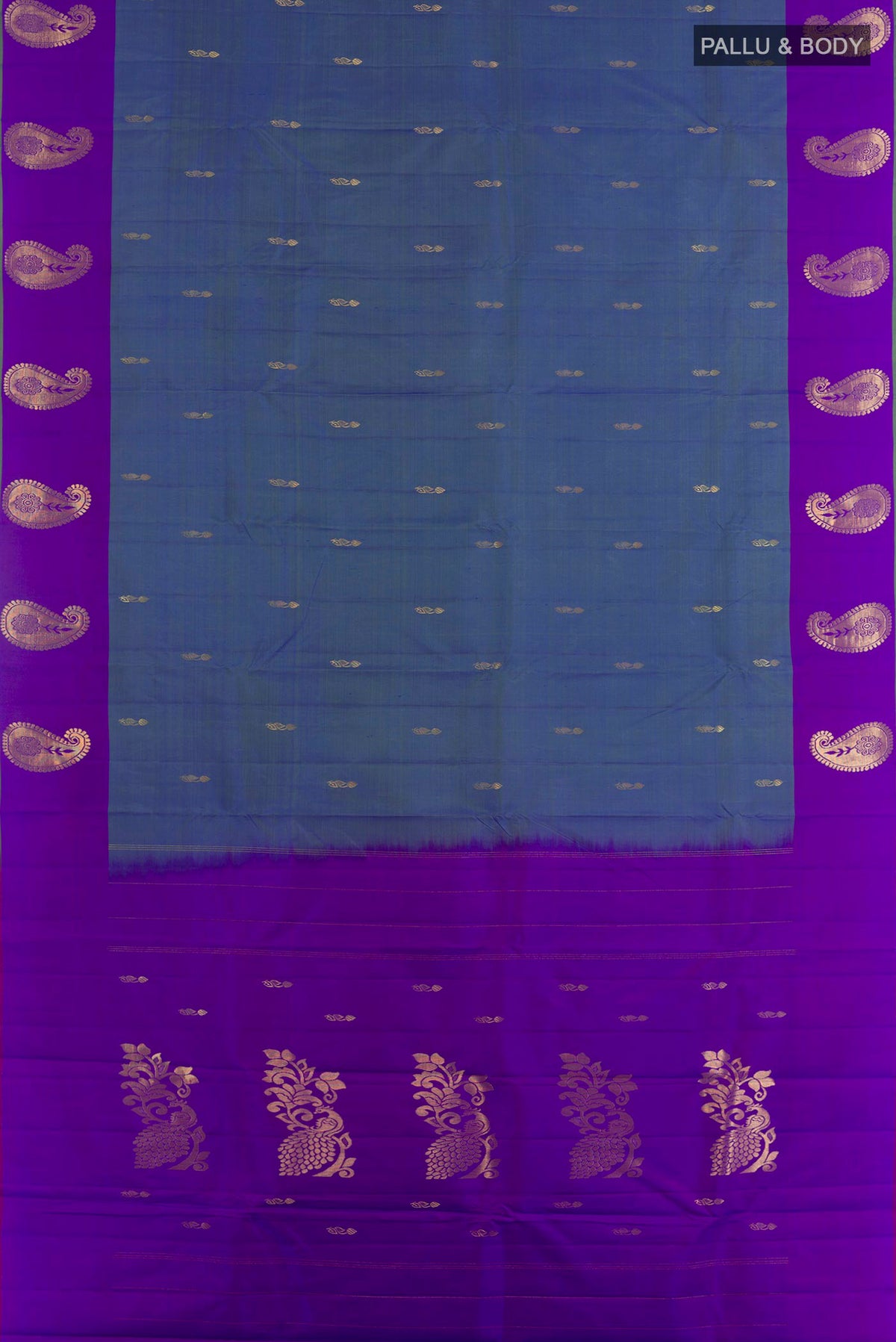 Flat view of Blue Grey Kanchipuram Silk Saree with Zari Brocade on the body and Zari Border. 