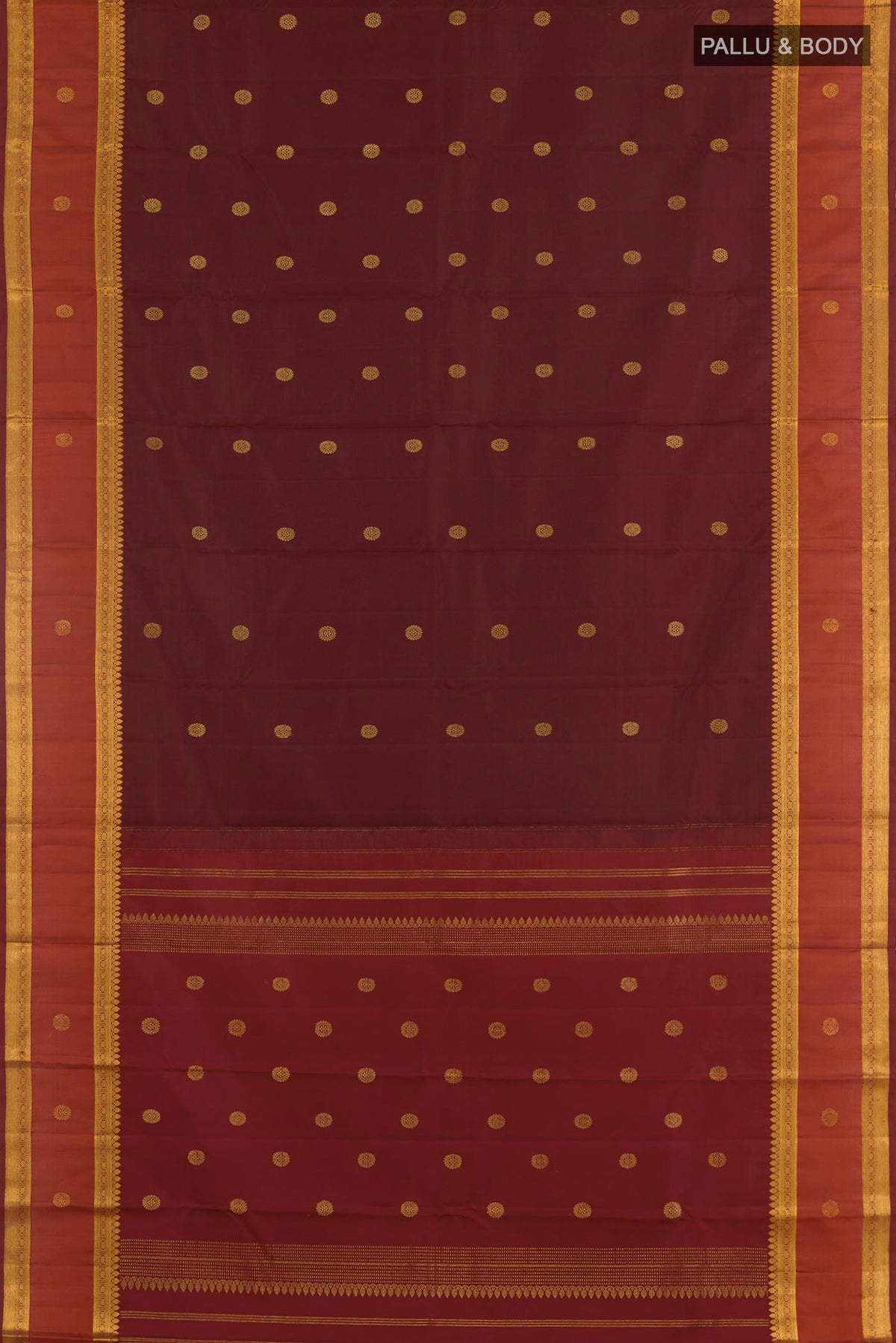 Flat view of Brown Kanjivaram Silk Saree with Zari Butta on the body and Zari Border. 