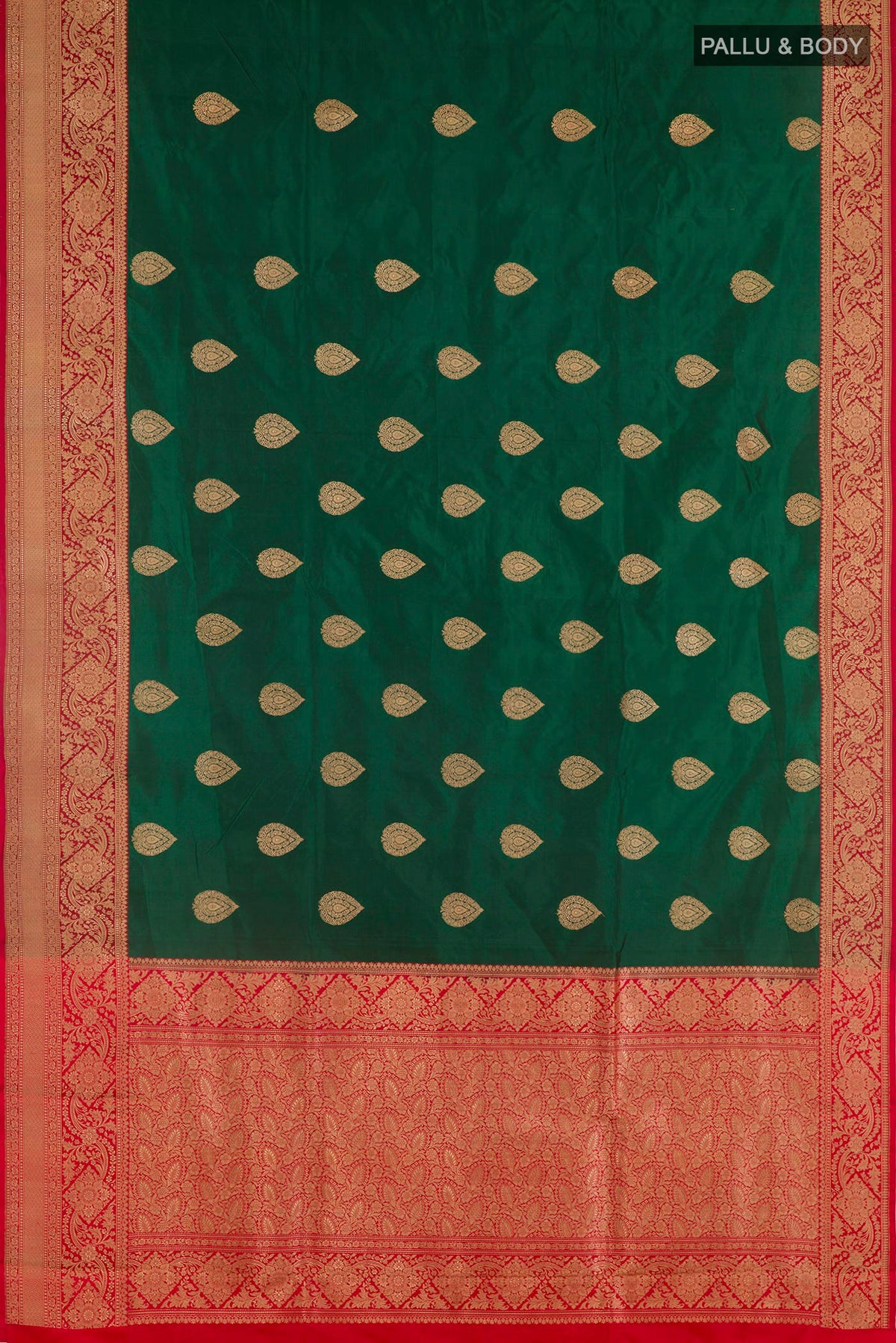 Flat view of Green Banarasi Katan Silk Saree with Zari Butta on the body and Zari Border. 