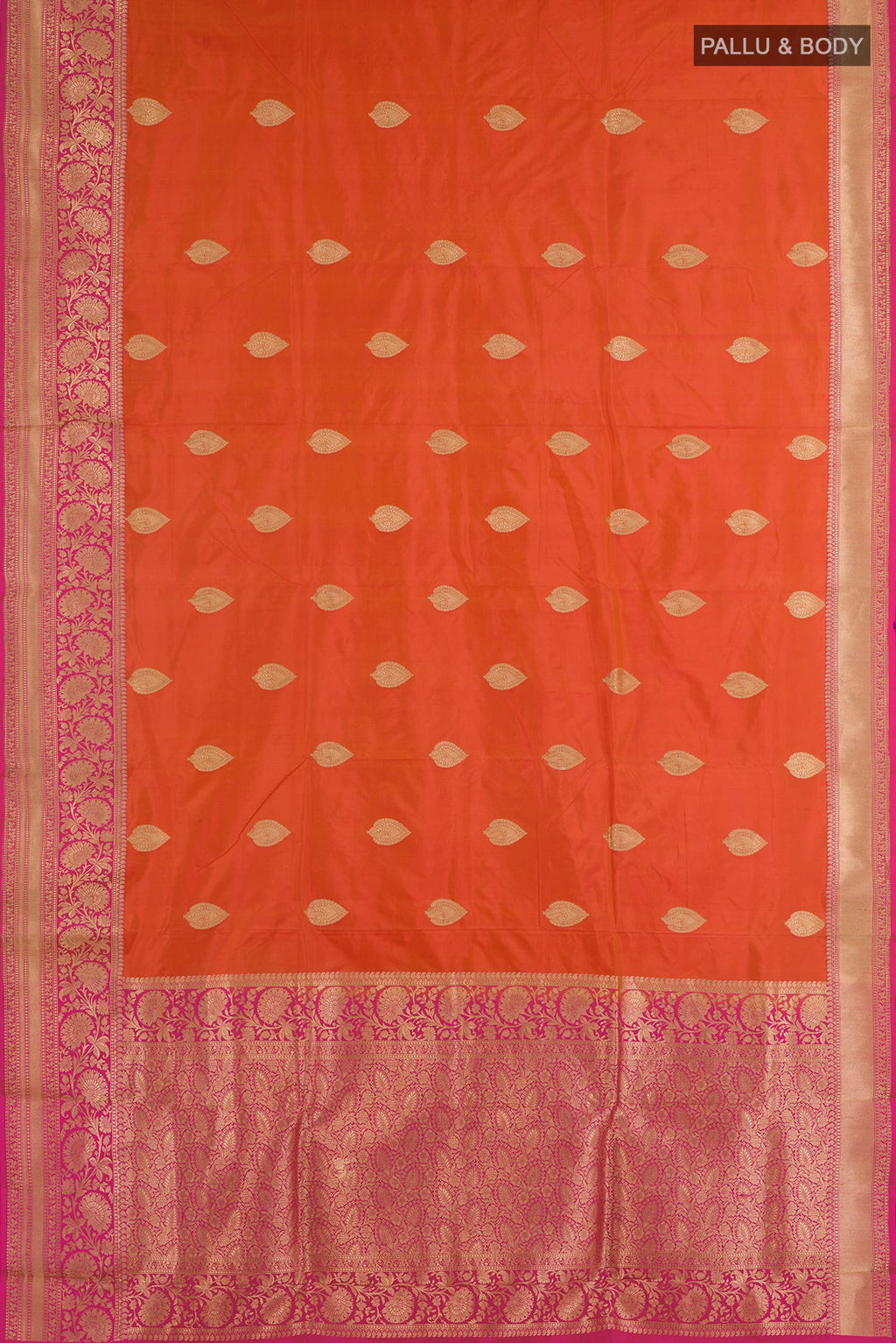 Flat view of Orange Banarasi Katan Silk Saree with Zari Butta on the body and Zari Border. 