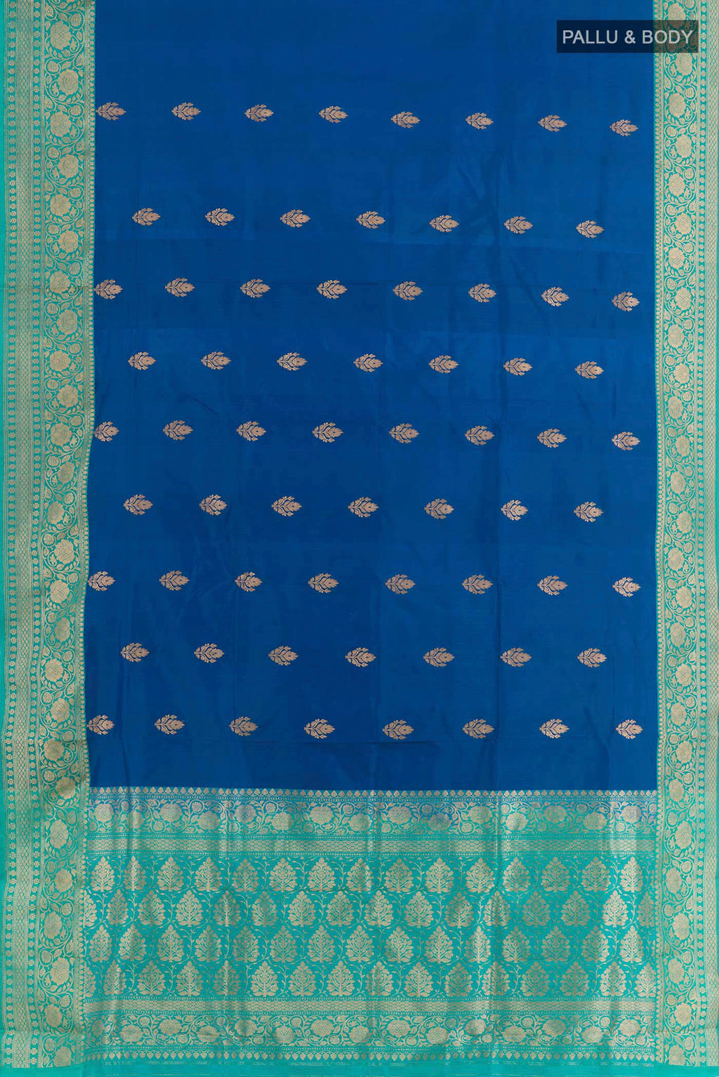 Flat view of Blue Banarasi Katan Silk Saree with Zari Butta on the body and Zari Border. 