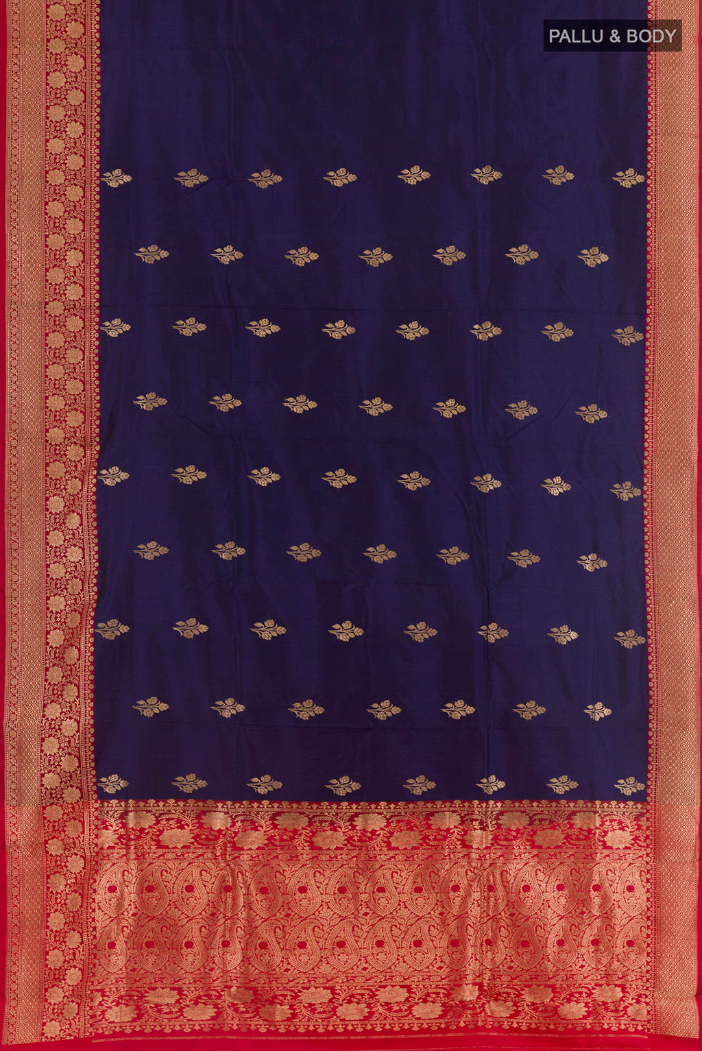 Flat view of Navy Blue Banarasi Katan Silk Saree with Zari Butta on the body and Zari Border. 