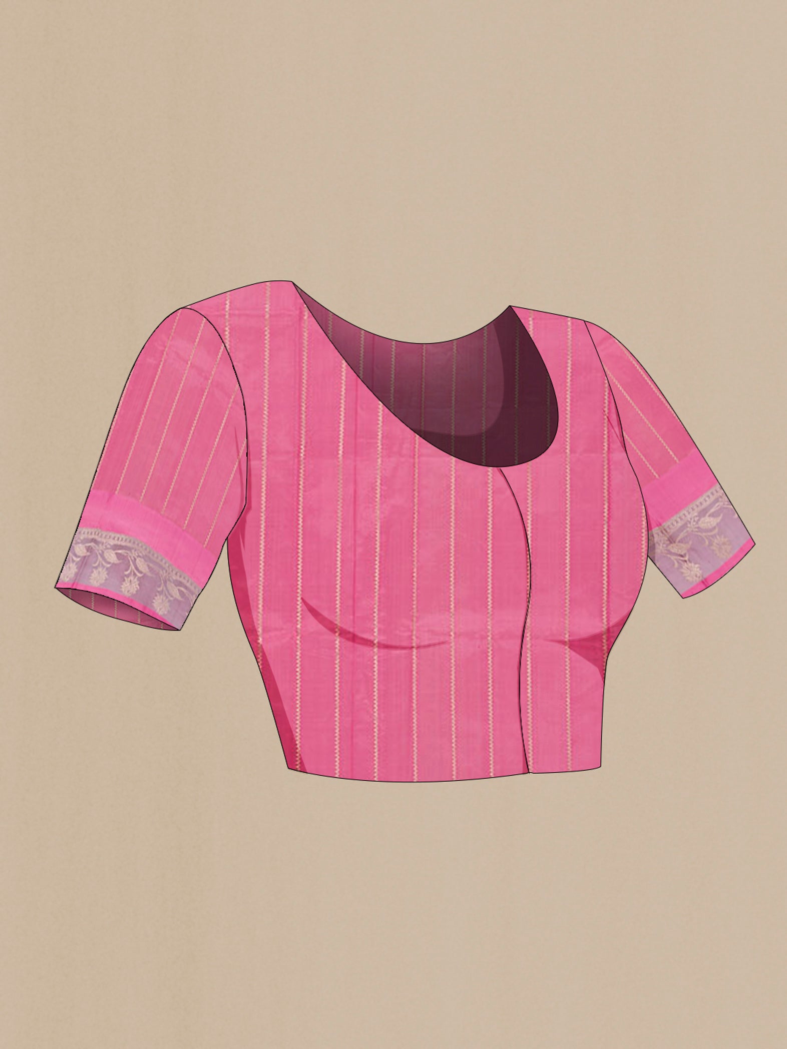 Close up image of the blouse of Imperial Pink Banarasi Katan Silk Saree with Zari Butta on the body and Zari Border. 