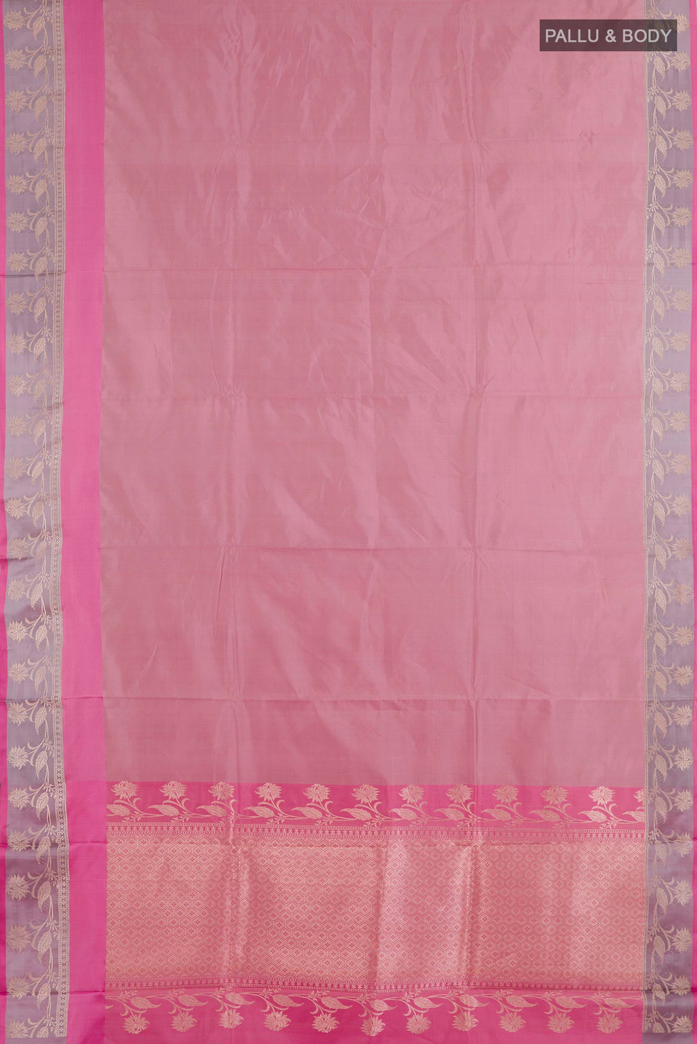 Flat view of Imperial Pink Banarasi Katan Silk Saree with Zari Butta on the body and Zari Border. 