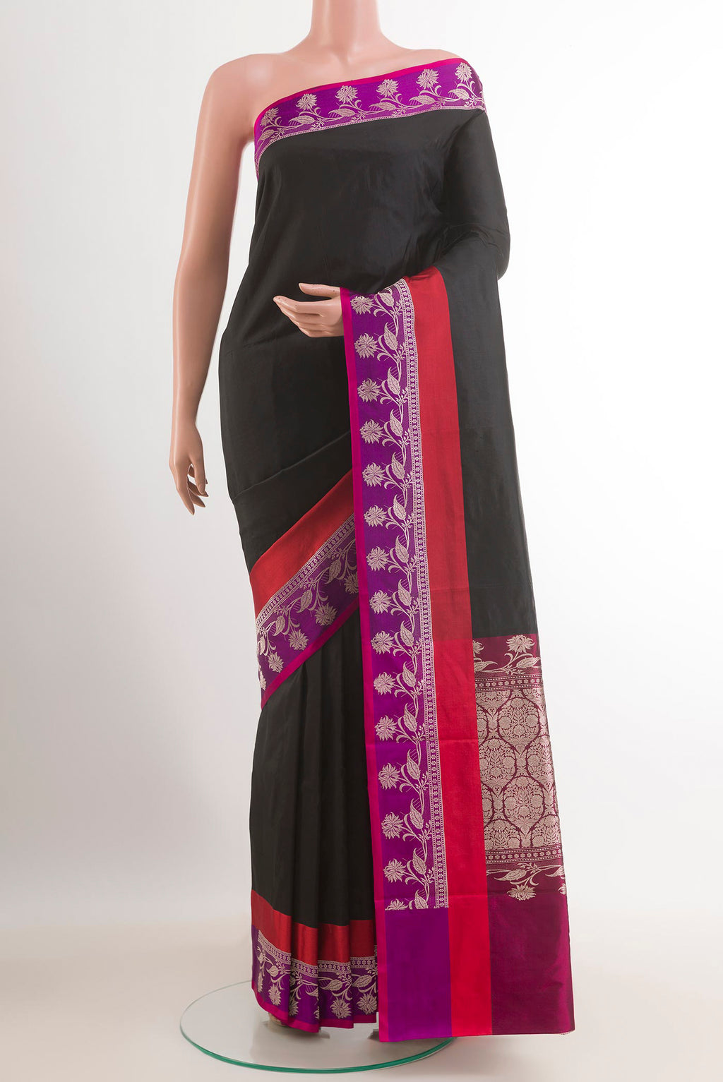 Black Banarasi Katan Silk Saree with Plain Body and Zari Border.  displayed on a mannequin