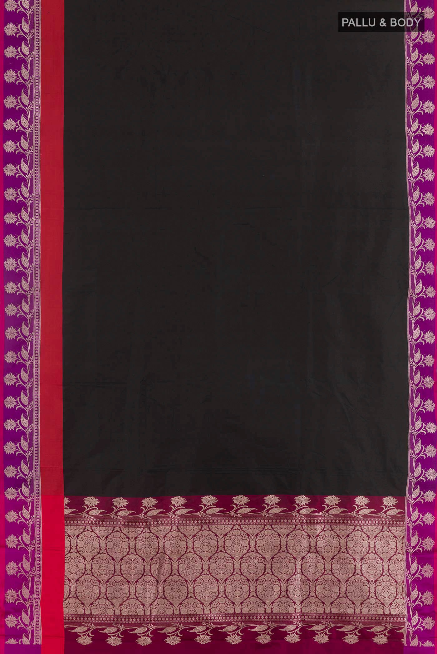 Flat view of Black Banarasi Katan Silk Saree with Plain Body and Zari Border. 