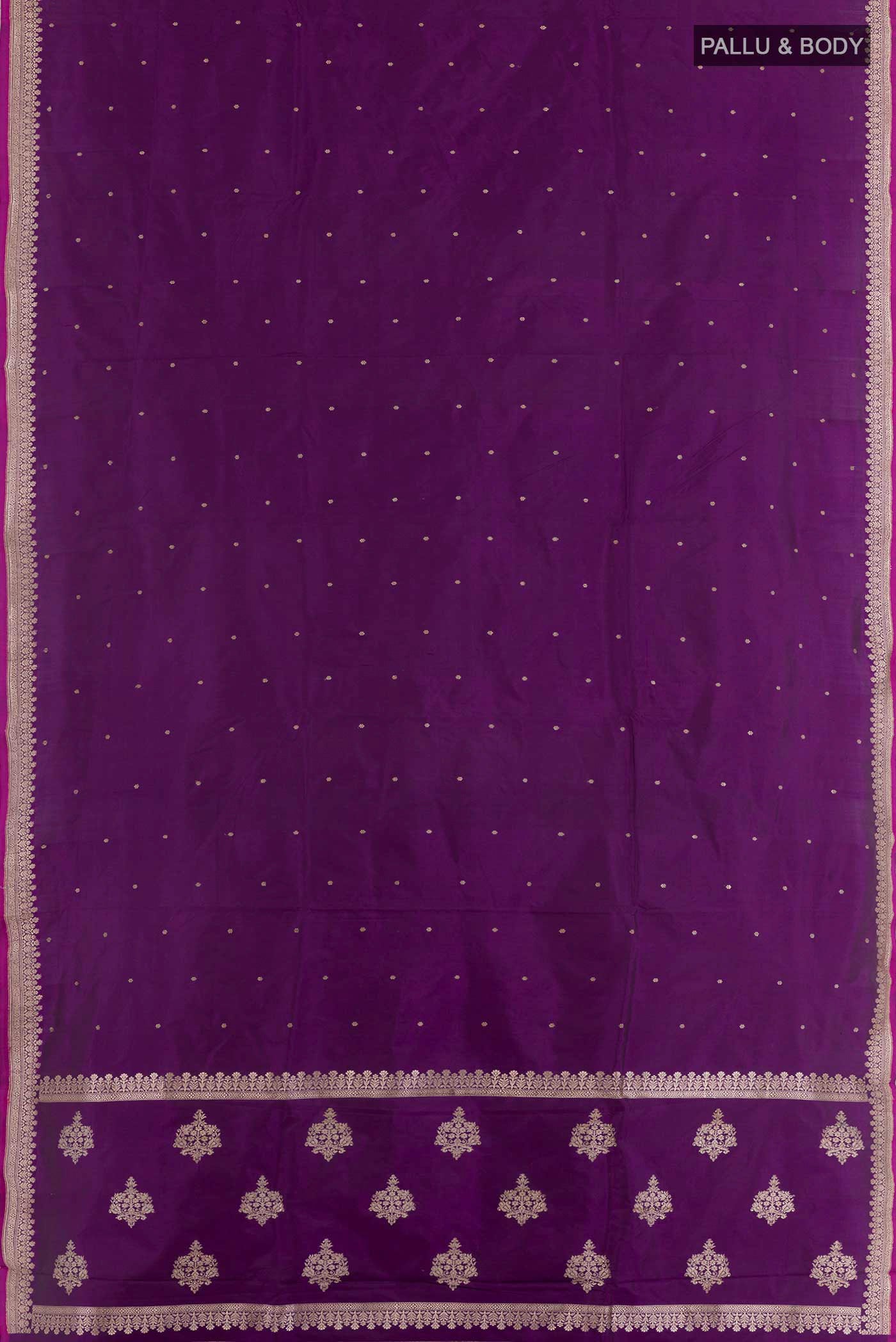 Flat view of Purple Banarasi Katan Silk Saree with Plain Body and Zari Border. 
