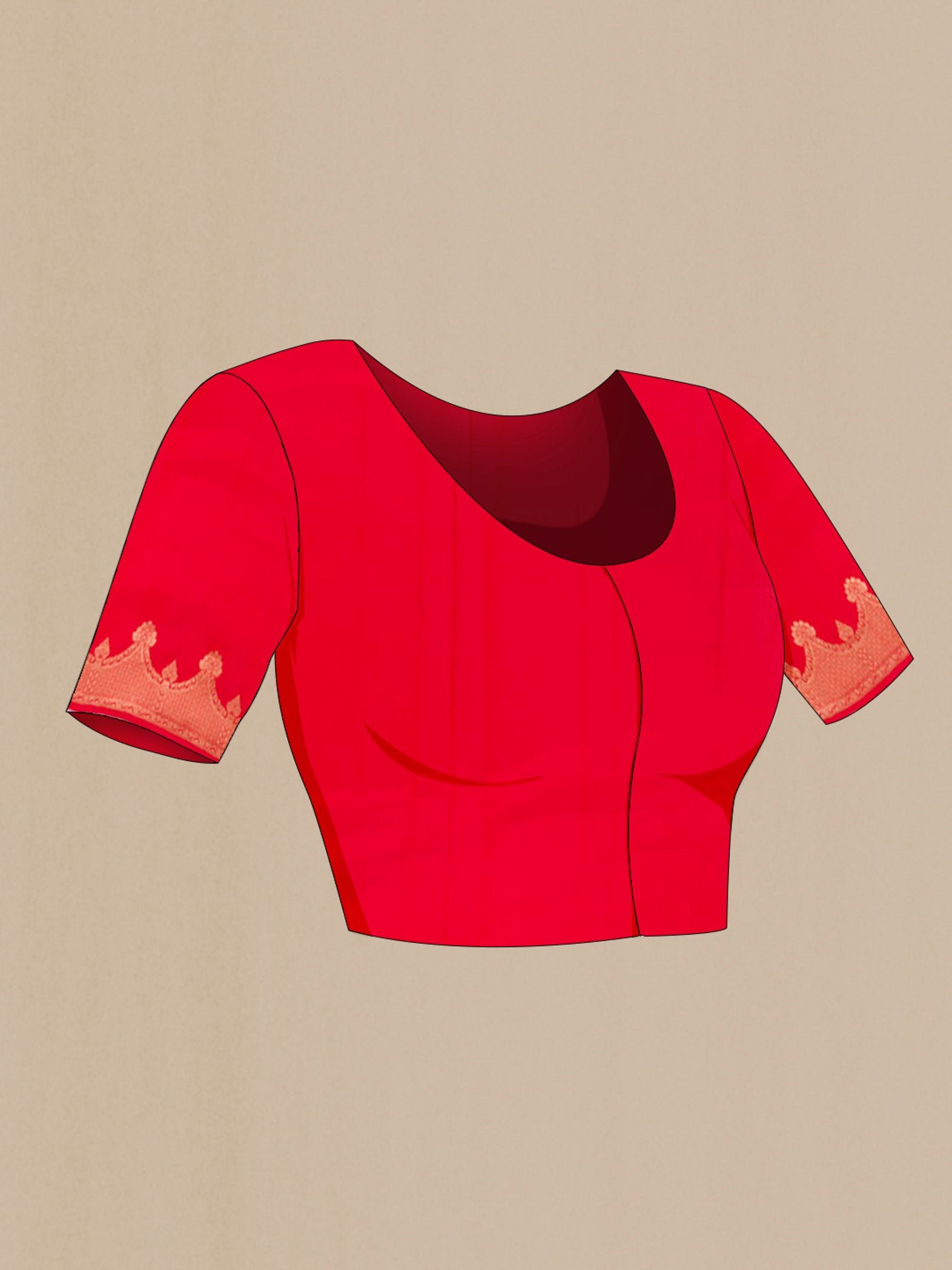 Close up image of the blouse of Red Banarasi Katan Silk Saree with Zari Butta on the body and Zari Border. 
