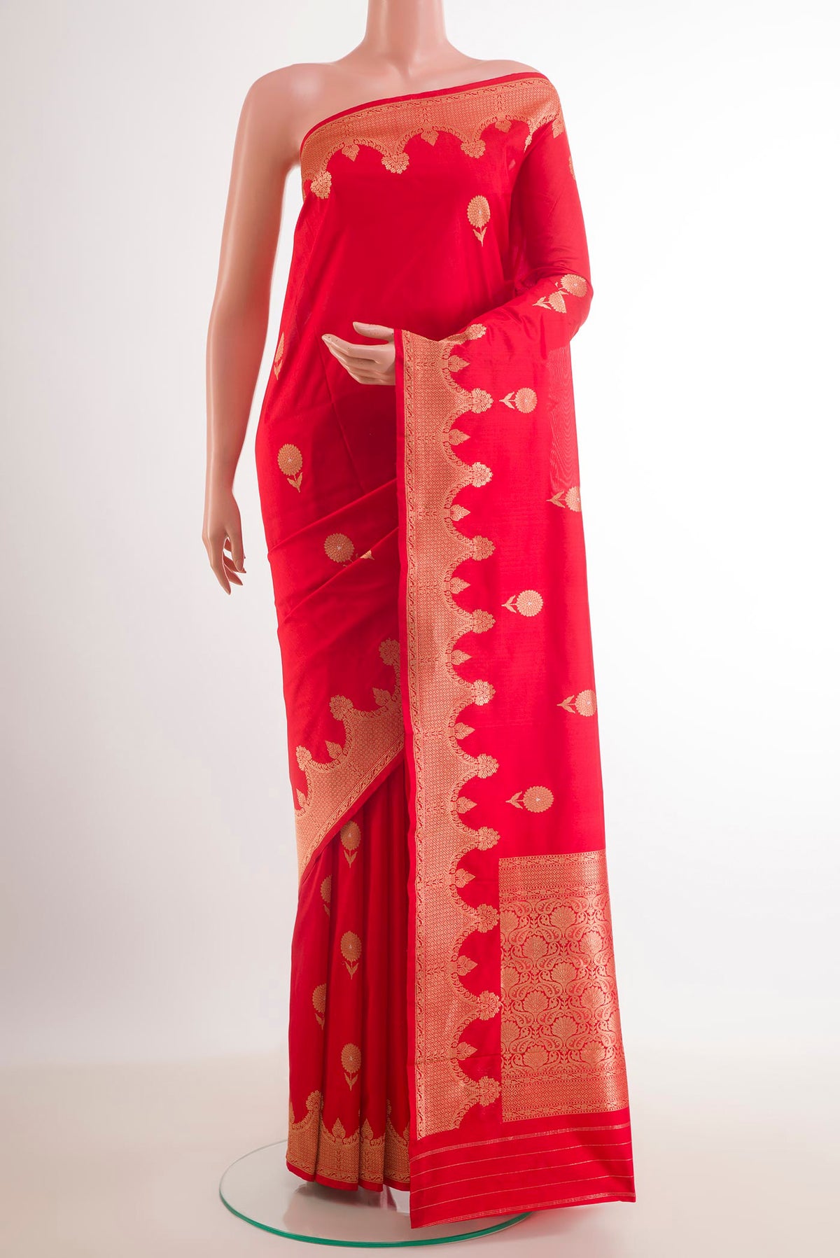 Red Banarasi Katan Silk Saree with Zari Butta on the body and Zari Border.  displayed on a mannequin