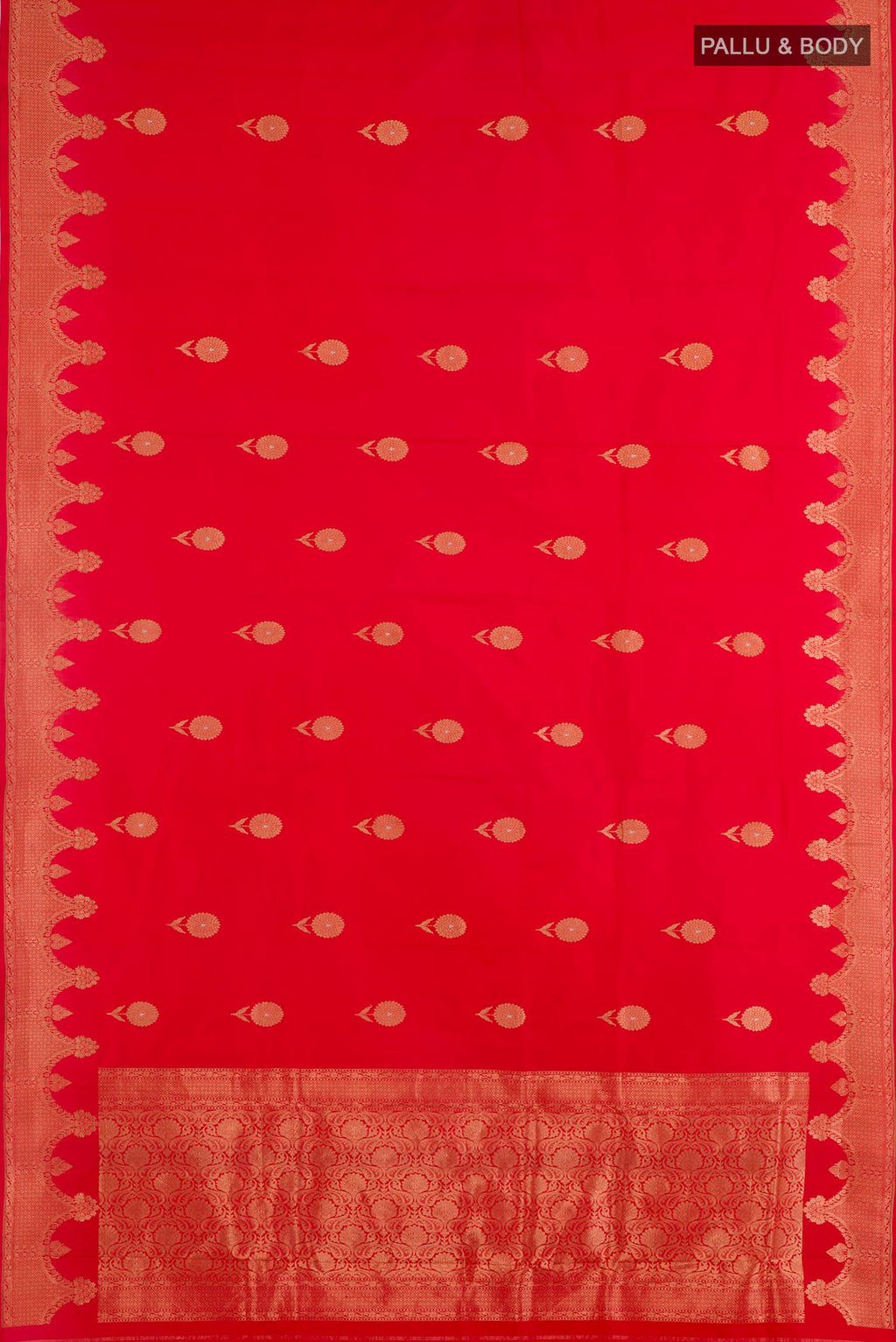 Flat view of Red Banarasi Katan Silk Saree with Zari Butta on the body and Zari Border. 