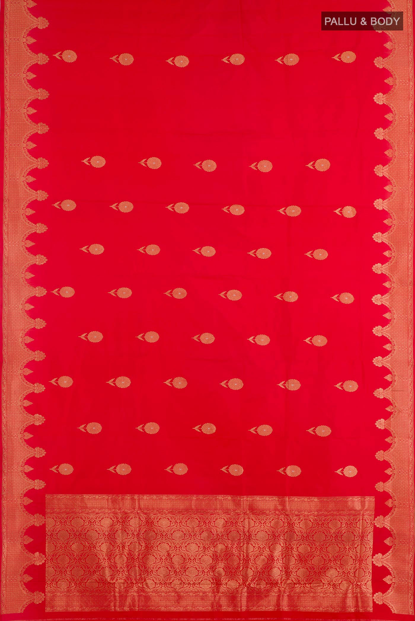 Flat view of Red Banarasi Katan Silk Saree with Zari Butta on the body and Zari Border. 