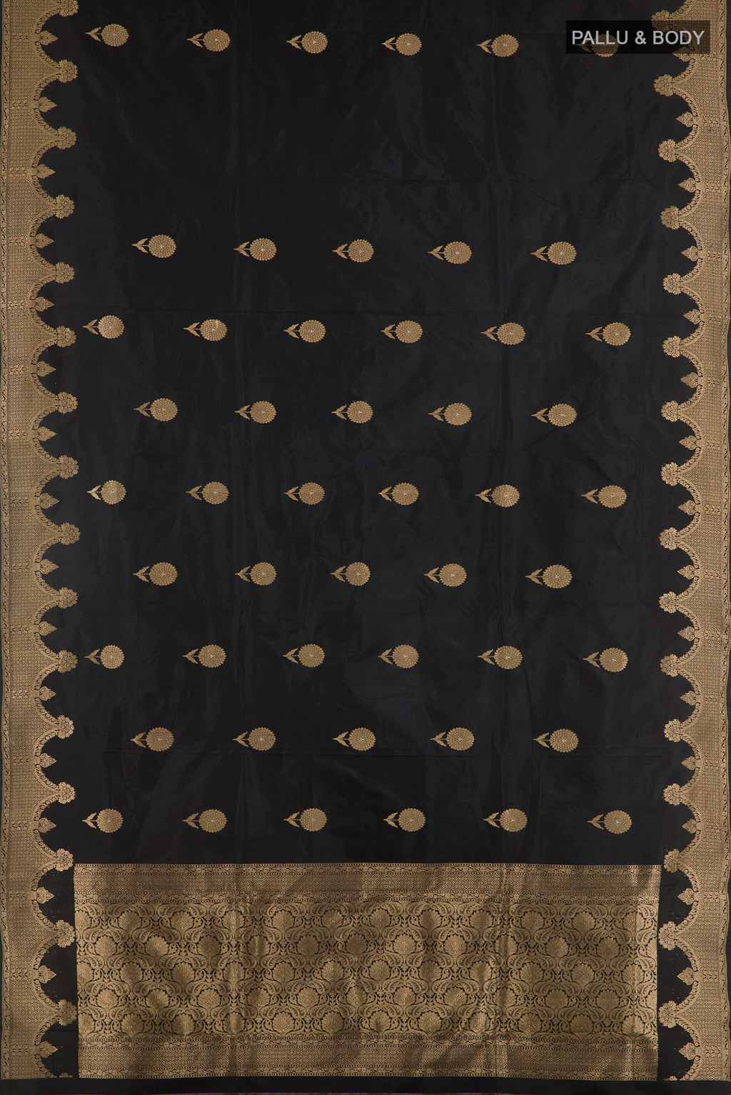 Flat view of Black Banarasi Katan Silk Saree with Zari Butta on the body and Zari Border. 