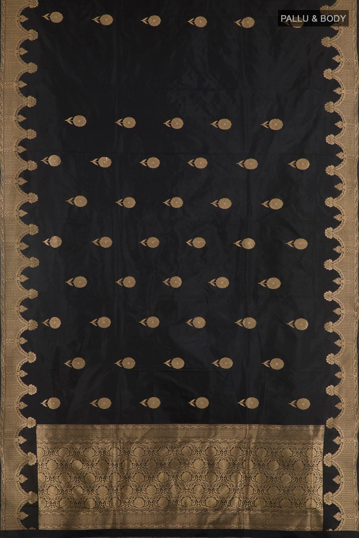 Flat view of Black Banarasi Katan Silk Saree with Zari Butta on the body and Zari Border. 