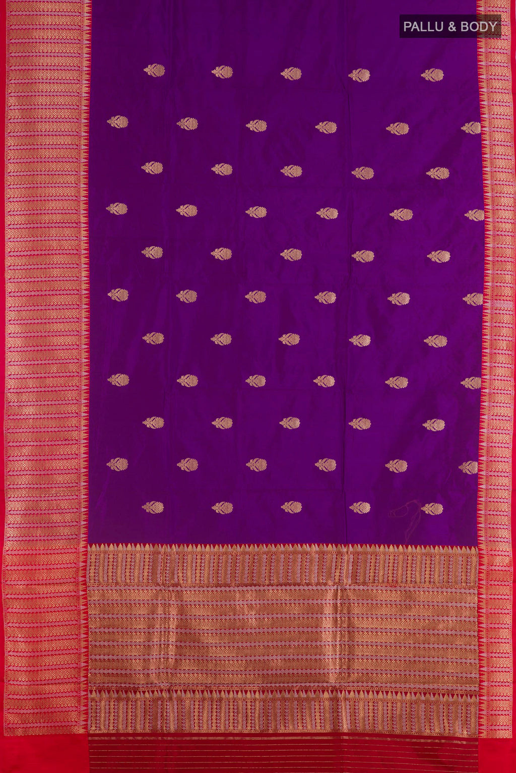 Flat view of Purple Banarasi Katan Silk Saree with Zari Butta on the body and Zari Border. 