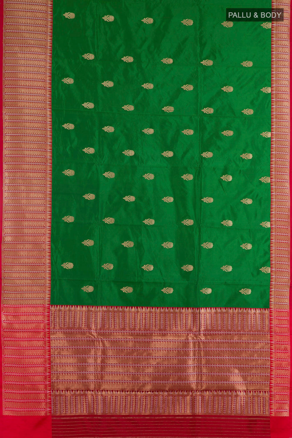 Flat view of Green Banarasi Katan Silk Saree with Zari Butta on the body and Zari Border. 