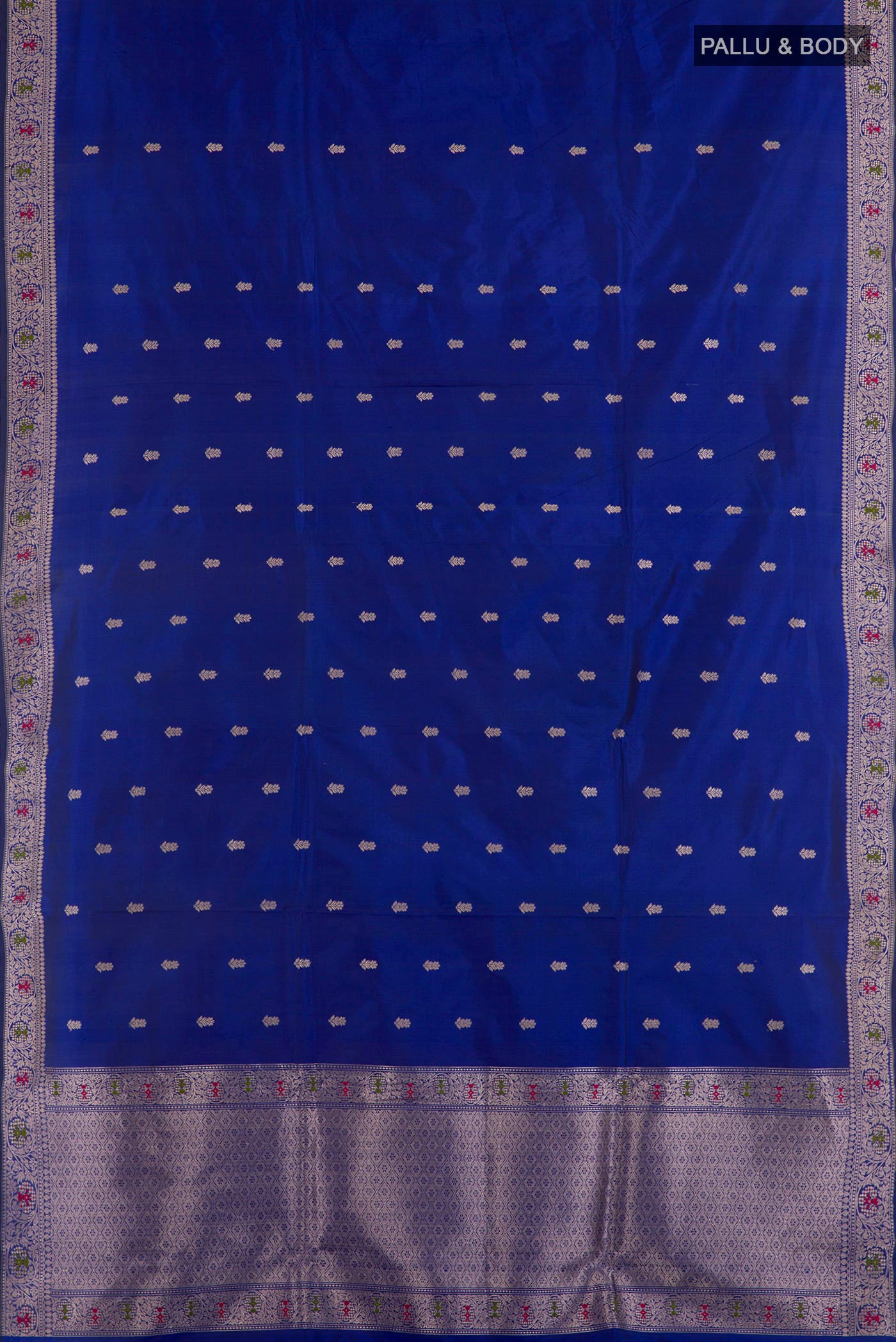 Flat view of Red Banarasi Katan Silk Saree with Zari Butta on the body and Zari Border. 