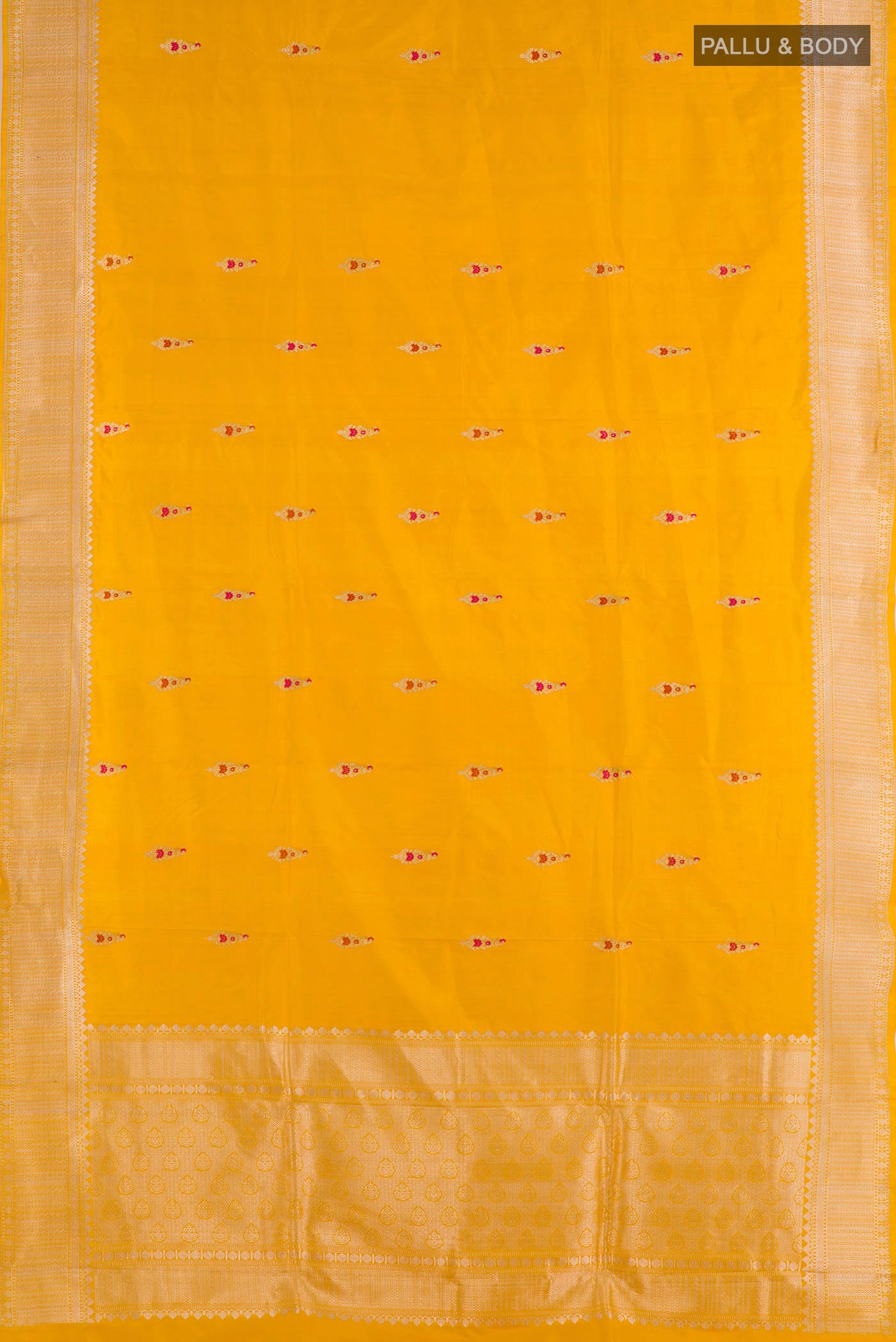 Flat view of Yellow Banarasi Katan Silk Saree with Zari Butta on the body and Zari Border. 
