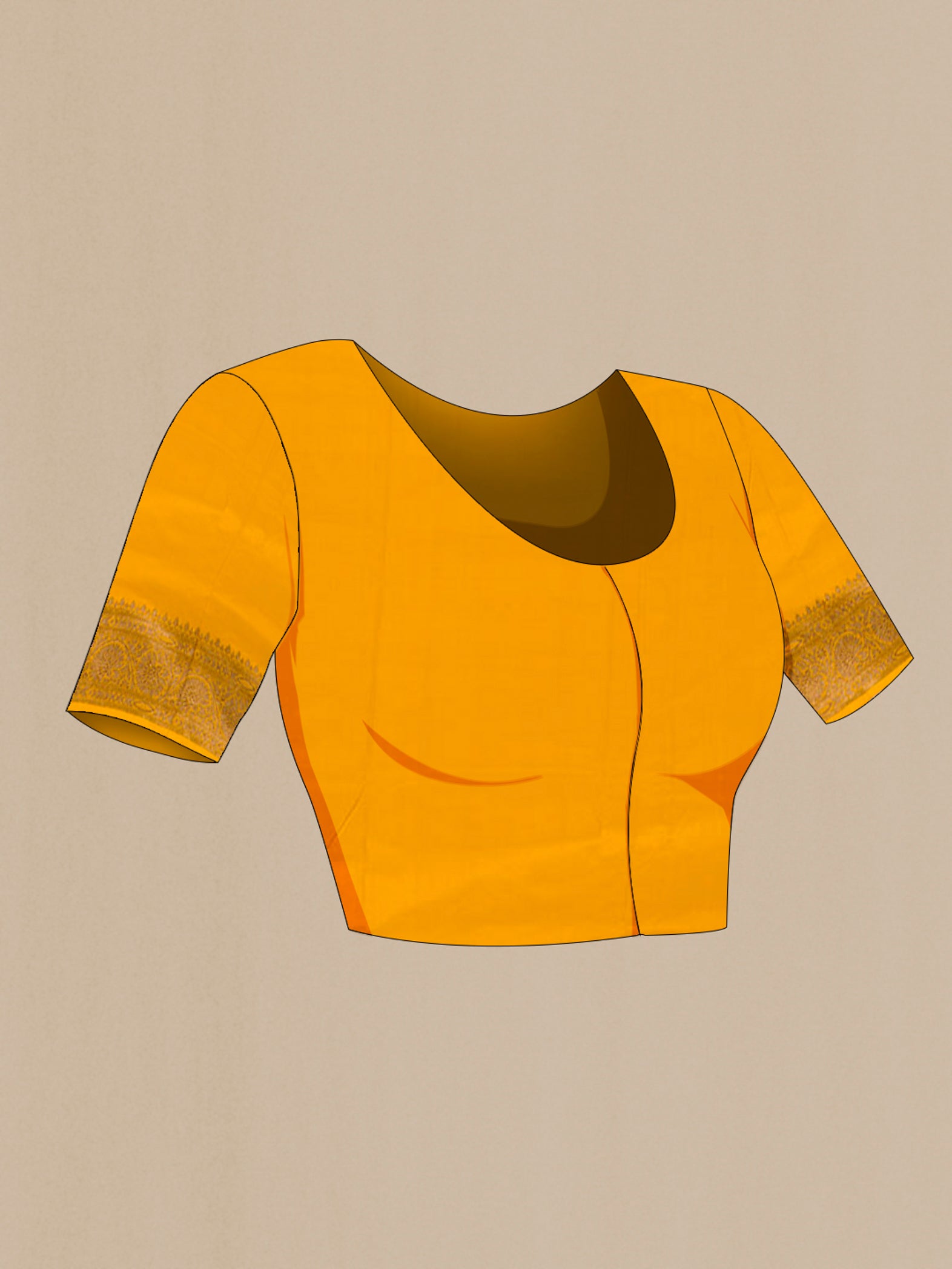 Close up image of the blouse of Yellow Banarasi Katan Silk Saree with Zari Butta on the body and Zari Border. 