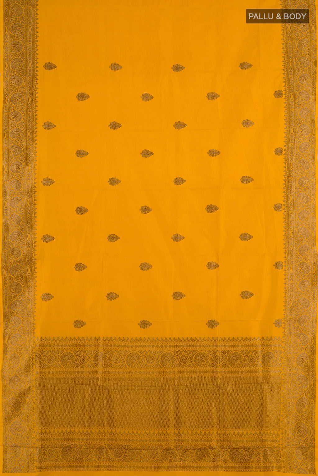 Flat view of Yellow Banarasi Katan Silk Saree with Zari Butta on the body and Zari Border. 
