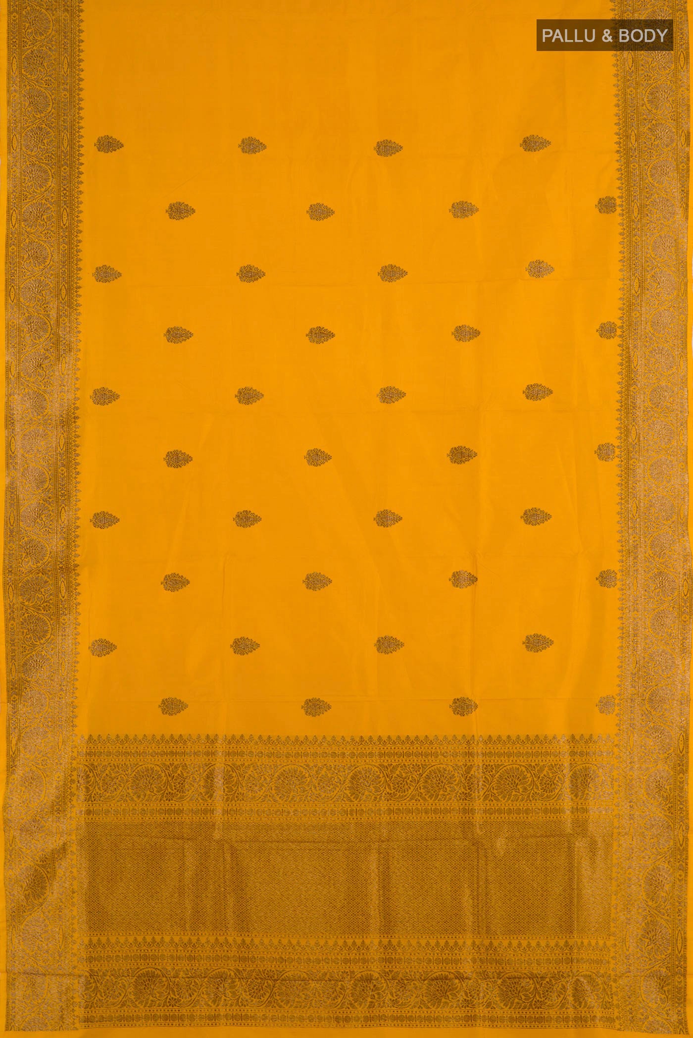 Flat view of Yellow Banarasi Katan Silk Saree with Zari Butta on the body and Zari Border. 