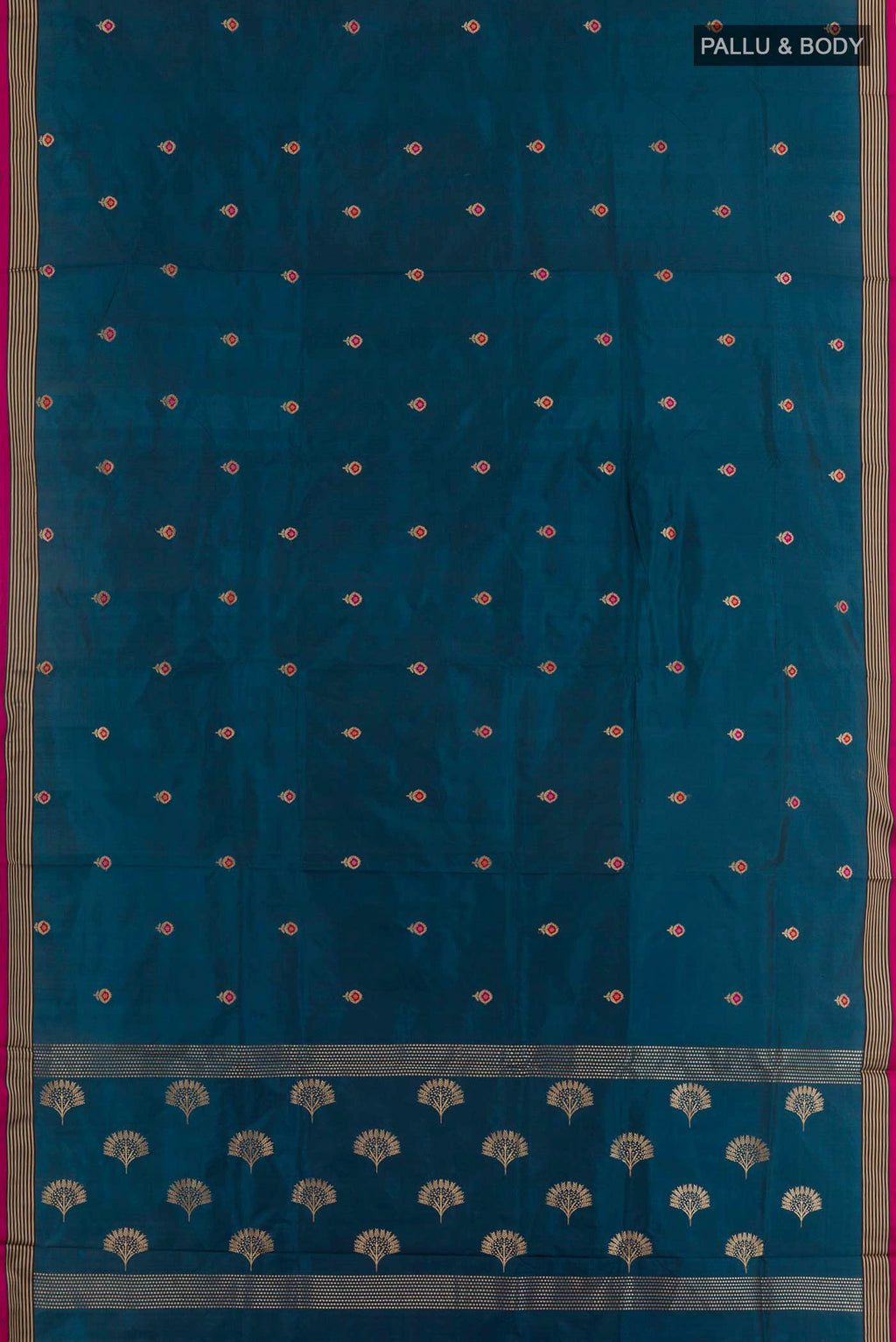 Flat view of Royal Blue Banarasi Katan Silk Saree with Zari Butta on the body and Zari Border. 