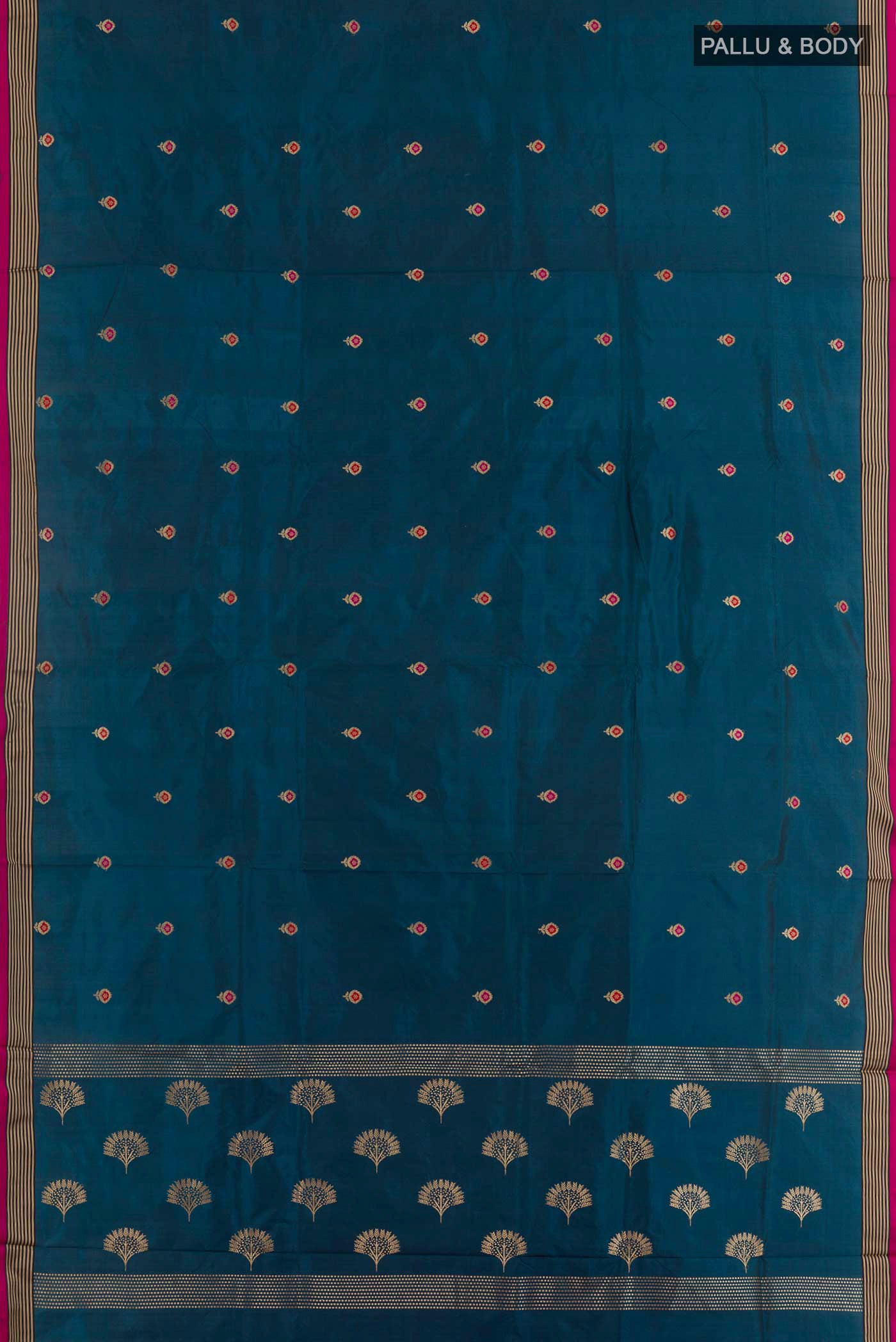 Flat view of Royal Blue Banarasi Katan Silk Saree with Zari Butta on the body and Zari Border. 