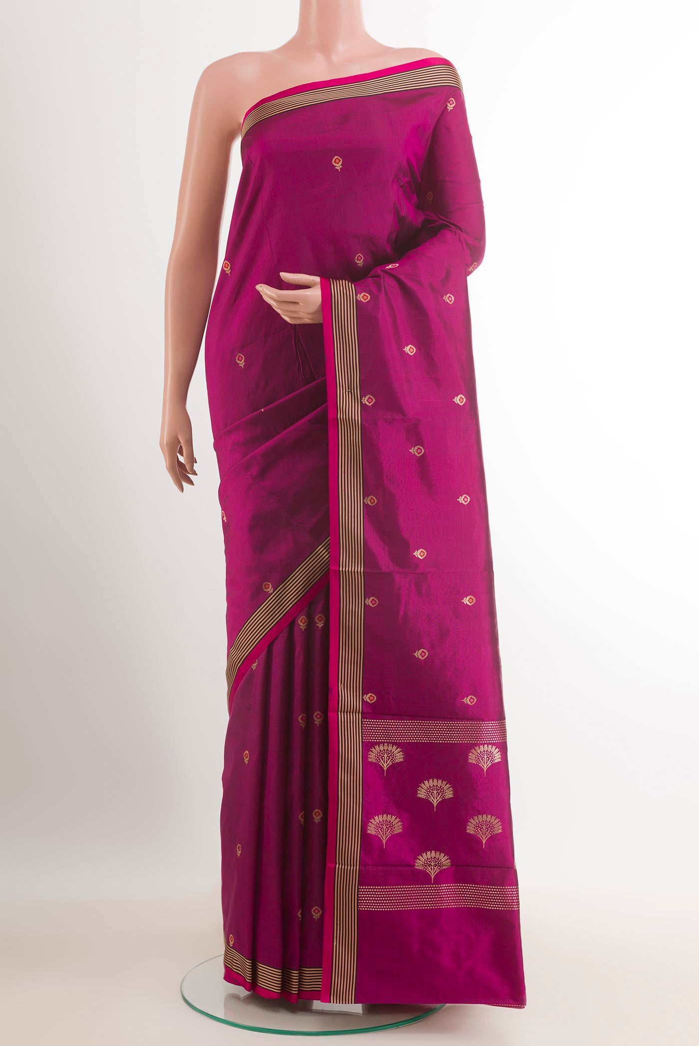 Purple Banarasi Katan Silk Saree with Zari Butta on the body and Zari Border.  displayed on a mannequin