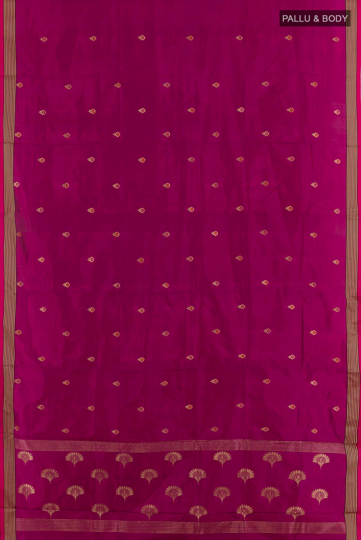 Flat view of Purple Banarasi Katan Silk Saree with Zari Butta on the body and Zari Border. 