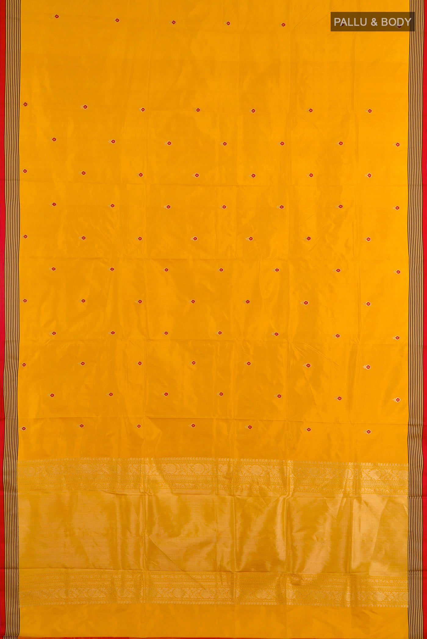 Flat view of Yellow Banarasi Katan Silk Saree with Zari Butta on the body and Zari Border. 