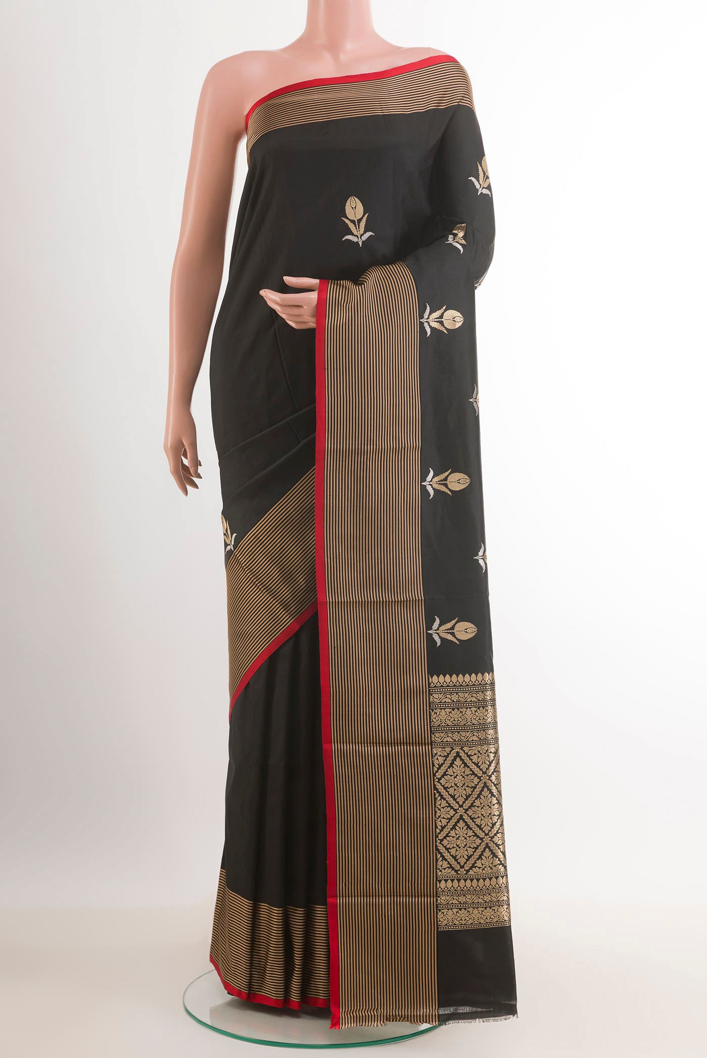 Black Banarasi Katan Silk Saree with Zari Butta on the body and Zari Border.  displayed on a mannequin