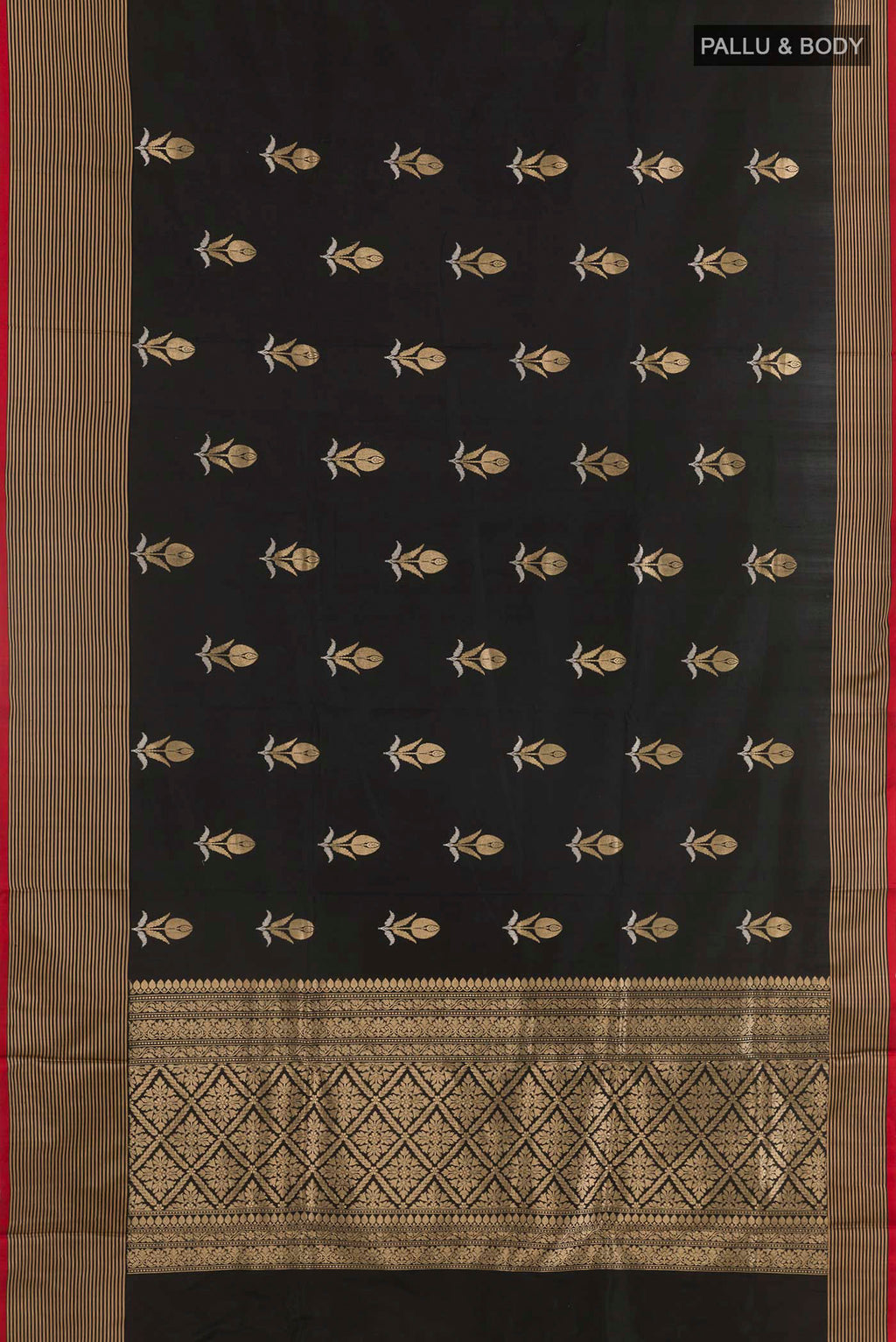 Flat view of Black Banarasi Katan Silk Saree with Zari Butta on the body and Zari Border. 