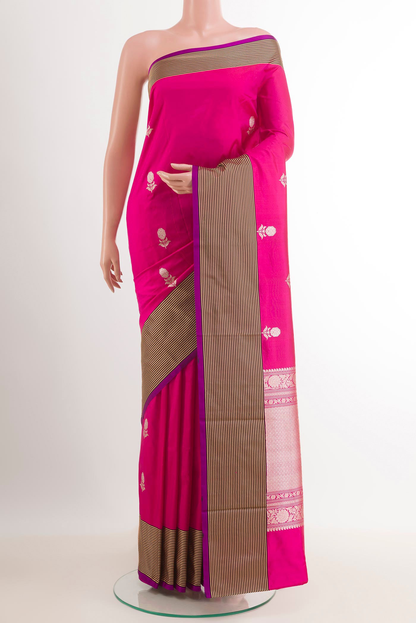 Pink Banarasi Katan Silk Saree with Zari Butta on the body and Zari Border.  displayed on a mannequin