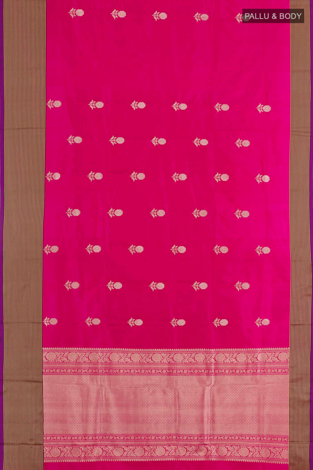 Flat view of Pink Banarasi Katan Silk Saree with Zari Butta on the body and Zari Border. 