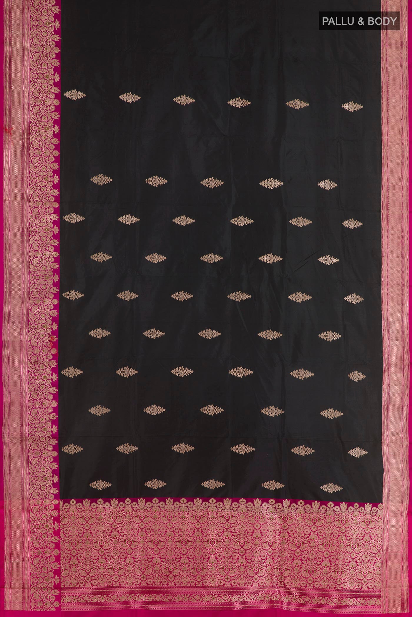 Flat view of Black Banarasi Katan Silk Saree with Zari Butta on the body and Zari Border. 