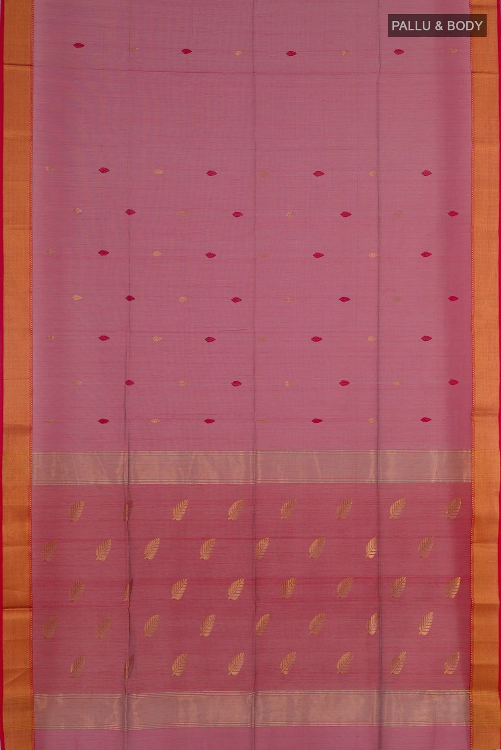Flat view of Magenta Blended Kora Cotton Saree with Zari Butta on the body and Zari Border. 