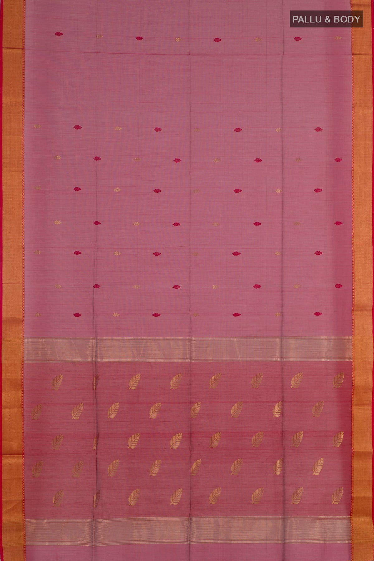 Flat view of Magenta Blended Kora Cotton Saree with Zari Butta on the body and Zari Border. 