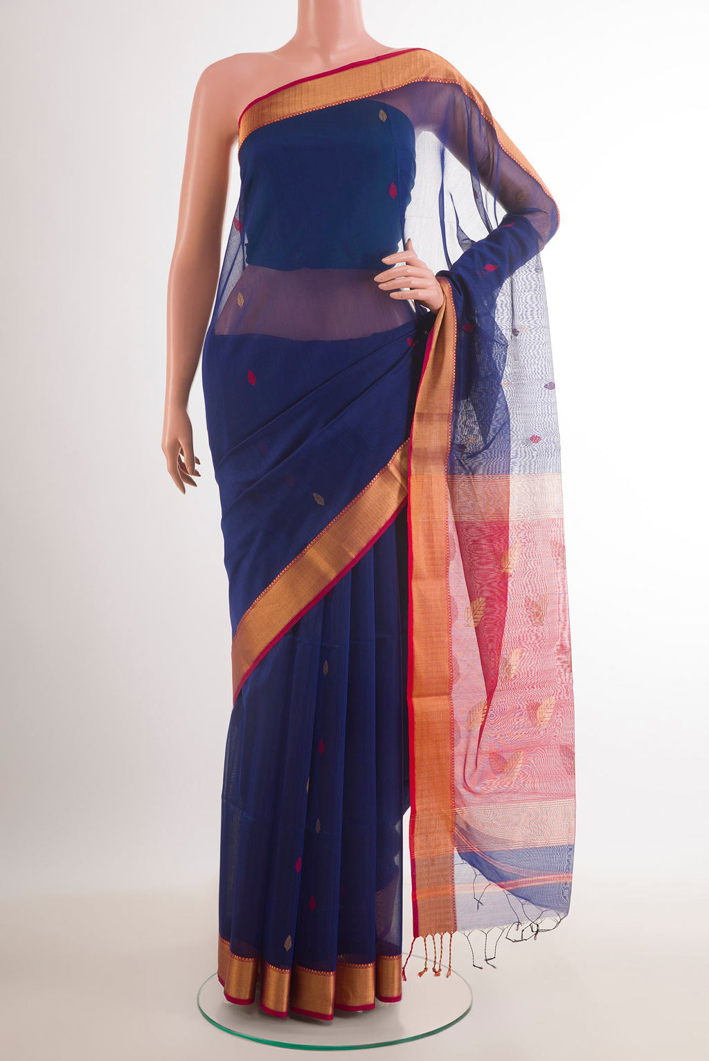 Dark Blue Blended Kora Cotton Saree with Zari Butta on the body and Zari Border.  displayed on a mannequin