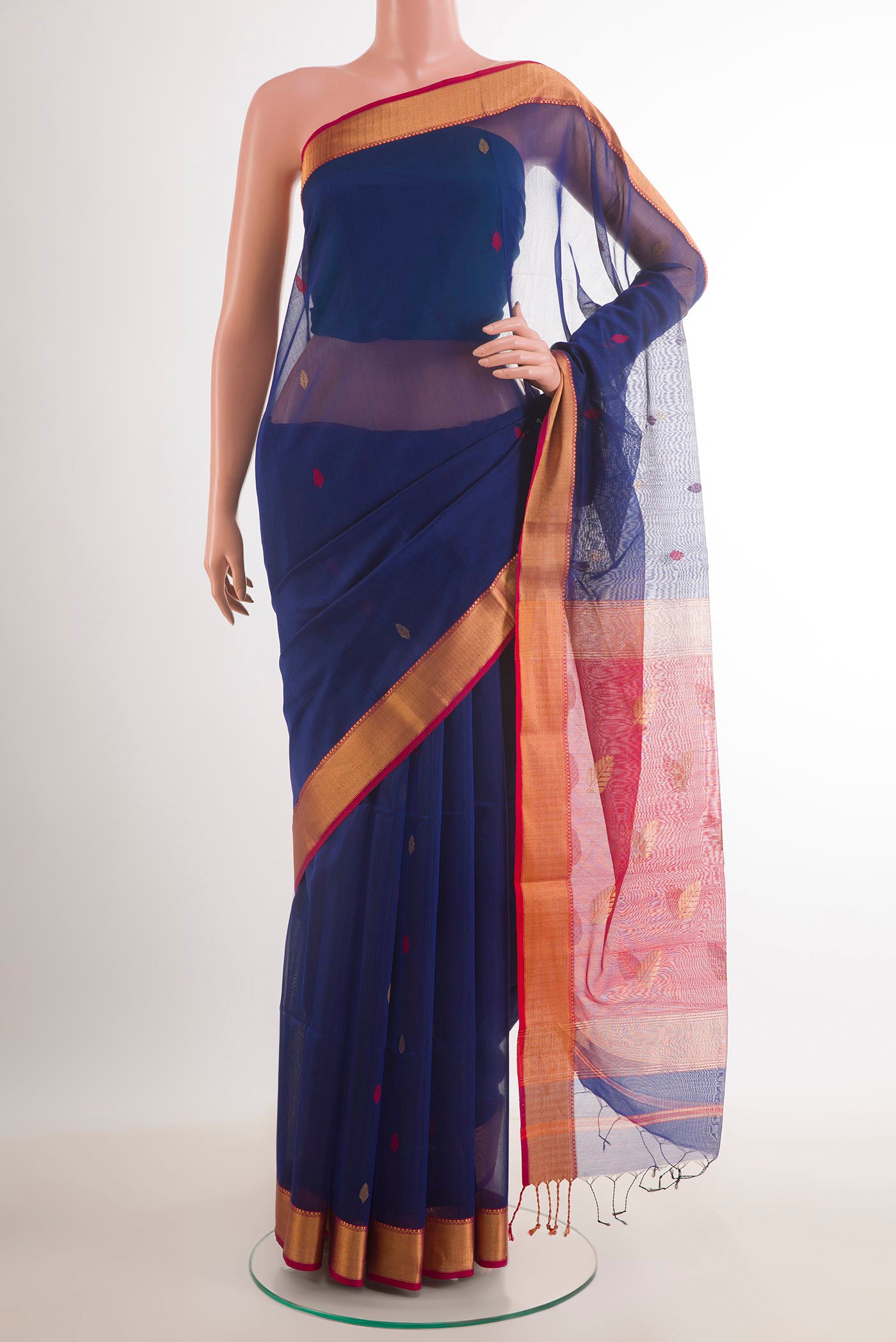 Dark Blue Blended Kora Cotton Saree with Zari Butta on the body and Zari Border.  displayed on a mannequin