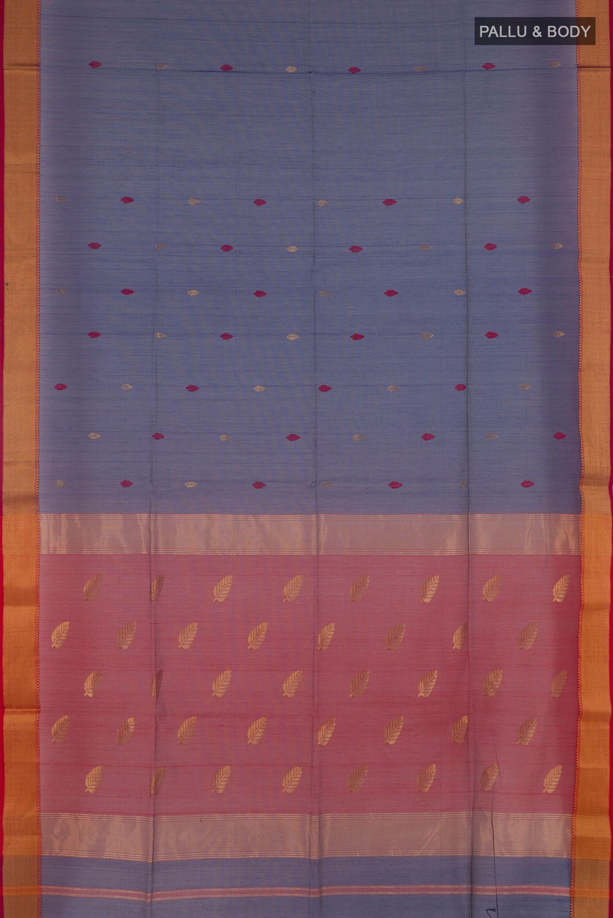 Flat view of Dark Blue Blended Kora Cotton Saree with Zari Butta on the body and Zari Border. 