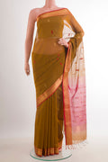 Mustard Blended Kora Cotton Saree with Zari And Thread Butta on the body and Zari Border.  displayed on a mannequin