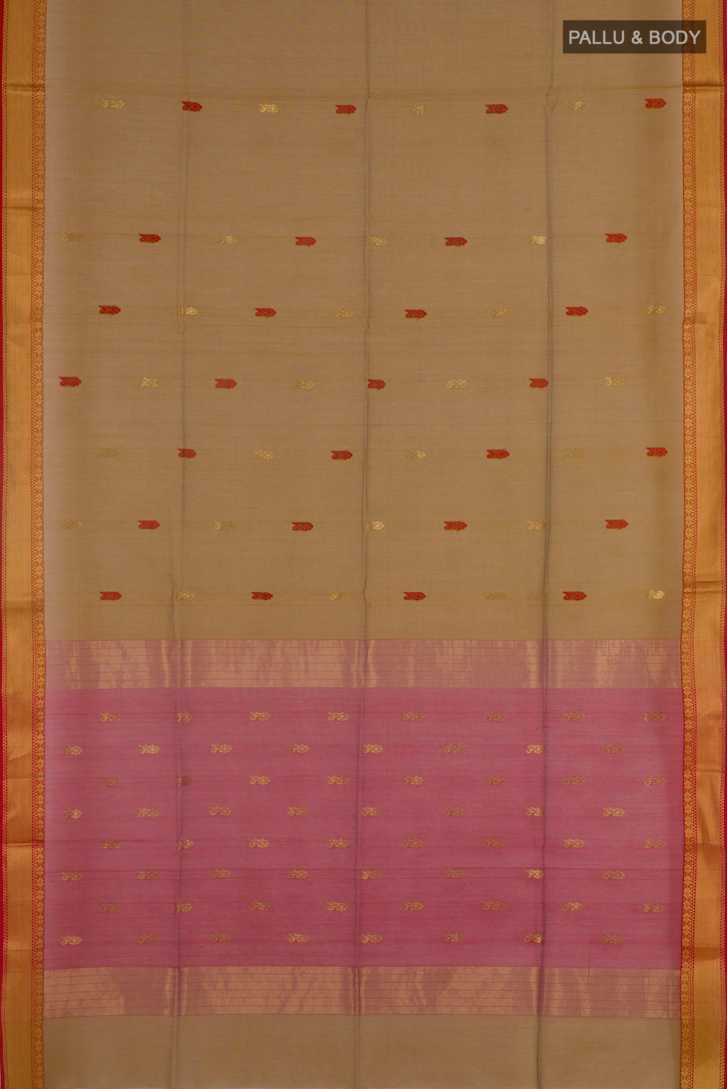 Flat view of Mustard Blended Kora Cotton Saree with Zari And Thread Butta on the body and Zari Border. 