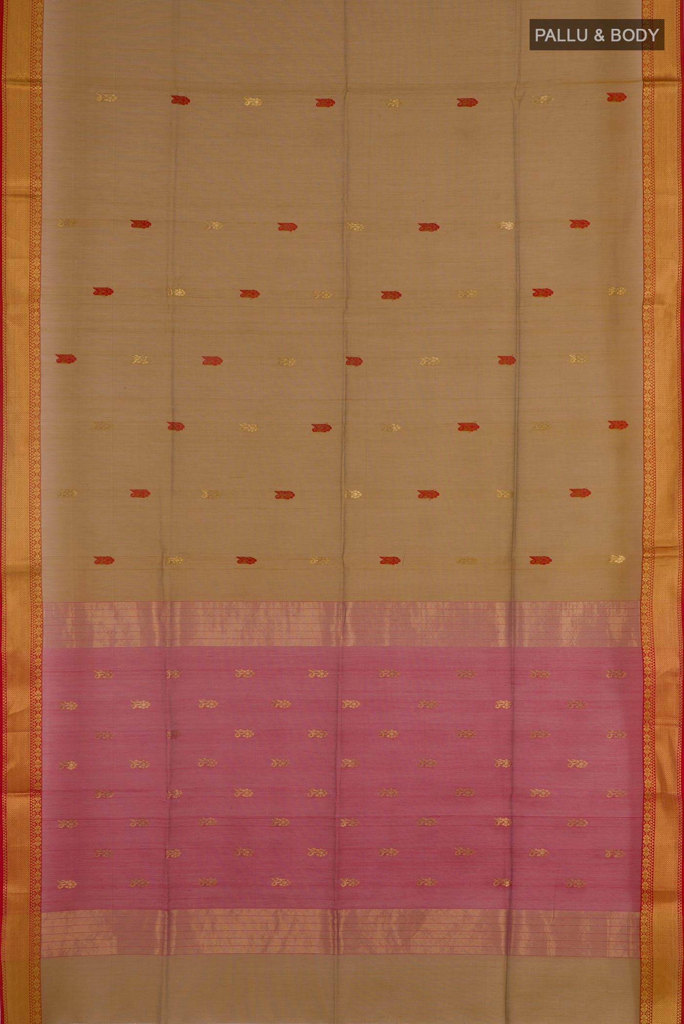 Flat view of Mustard Blended Kora Cotton Saree with Zari And Thread Butta on the body and Zari Border. 