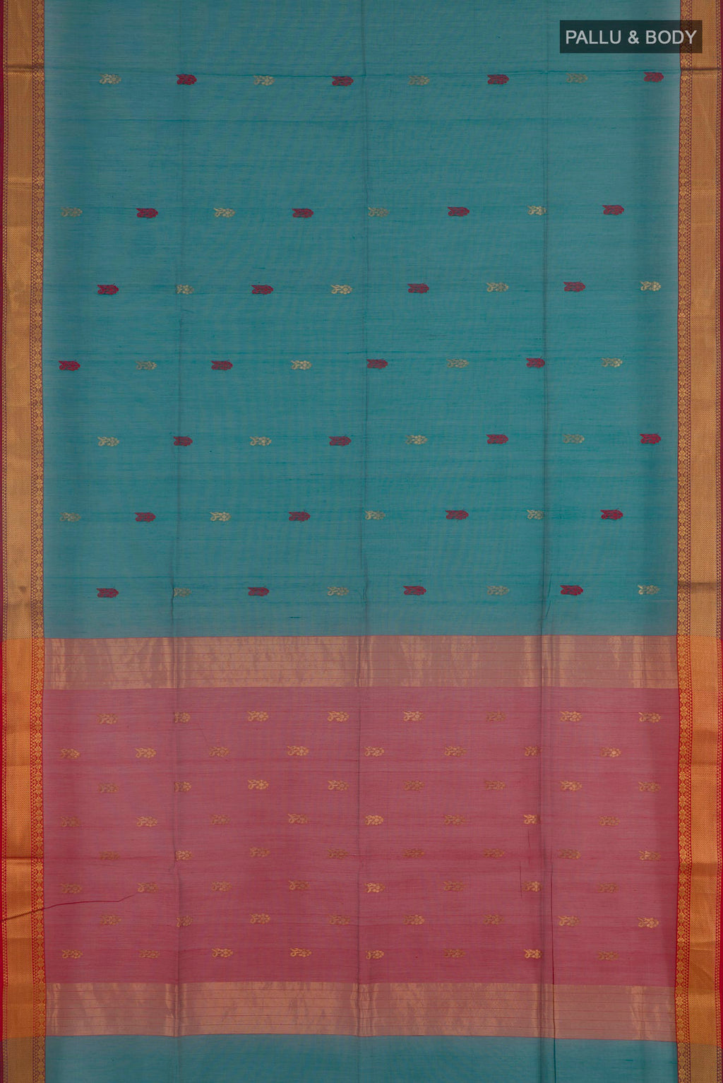 Flat view of Blue Blended Kora Cotton Saree with Zari Butta on the body and Zari Border. 