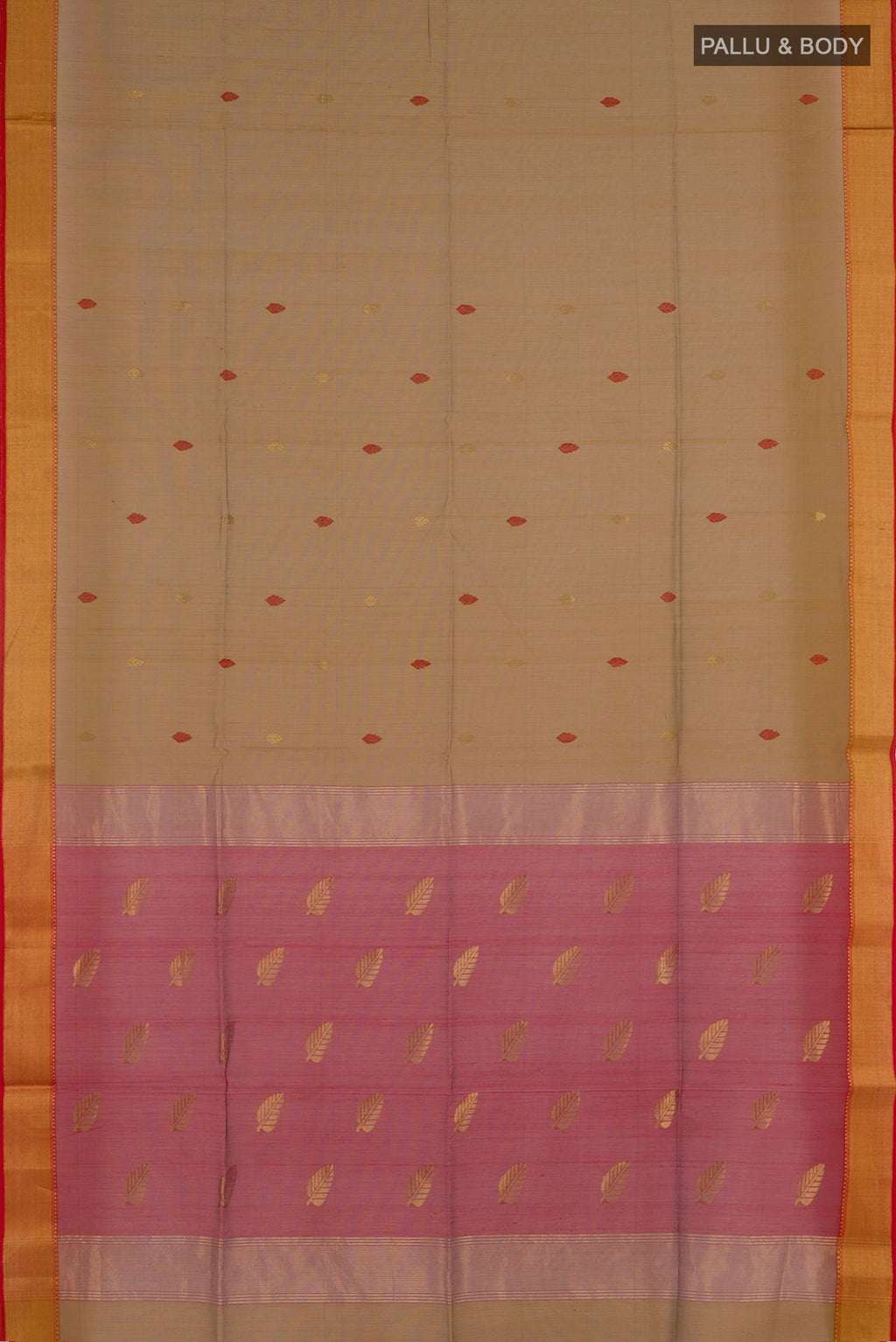 Flat view of Mustard Blended Kora Cotton Saree with Zari And Thread Butta on the body and Zari Border. 