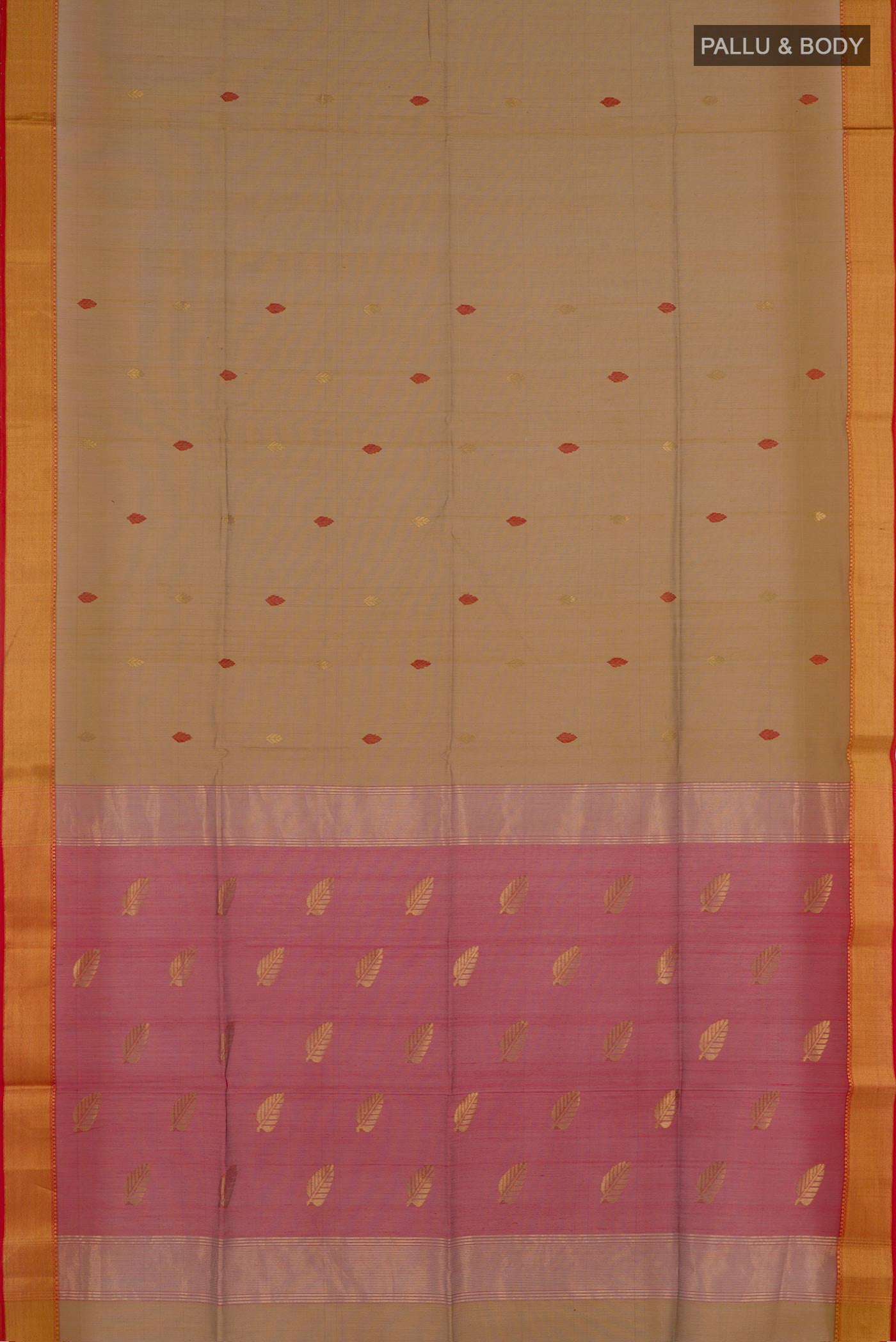 Flat view of Mustard Blended Kora Cotton Saree with Zari And Thread Butta on the body and Zari Border. 