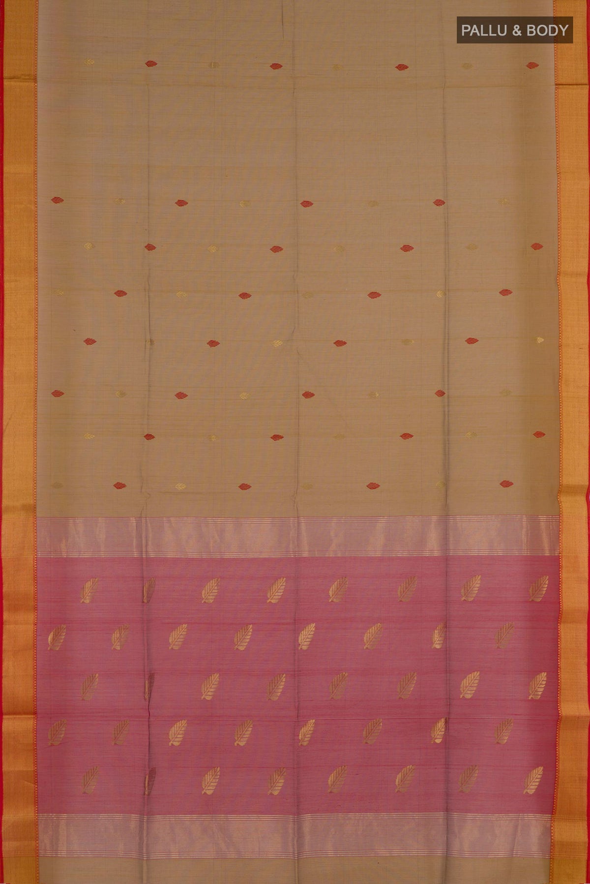 Flat view of Mustard Blended Kora Cotton Saree with Zari And Thread Butta on the body and Zari Border. 