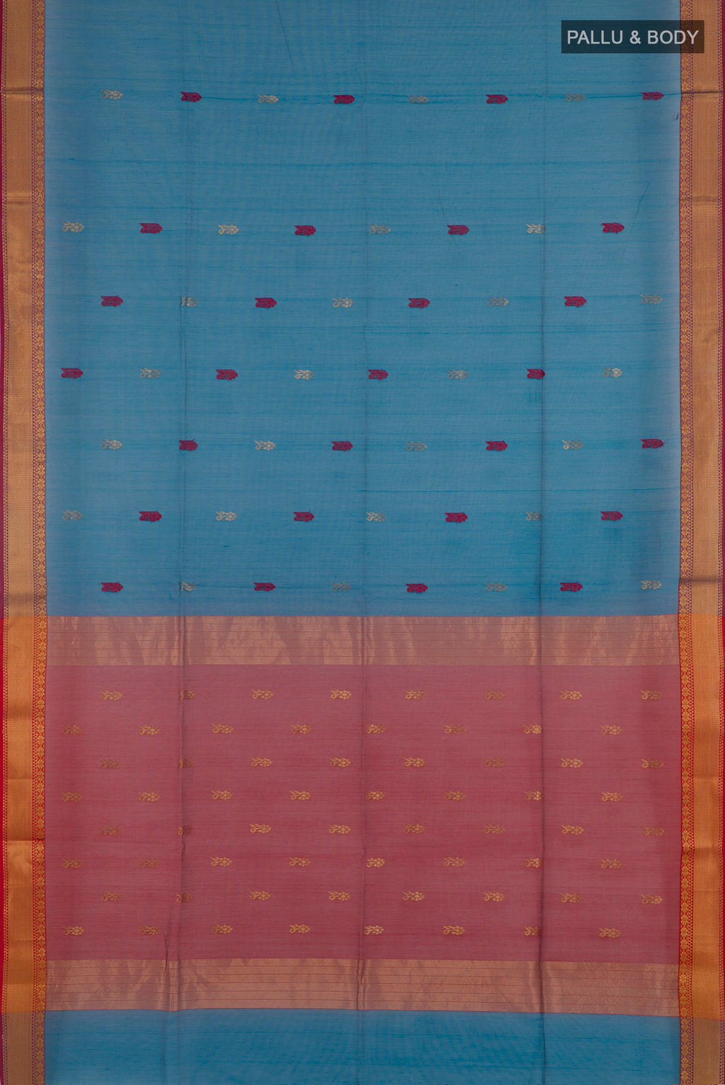 Flat view of Blue Blended Kora Cotton Saree with Zari Butta on the body and Zari Border. 