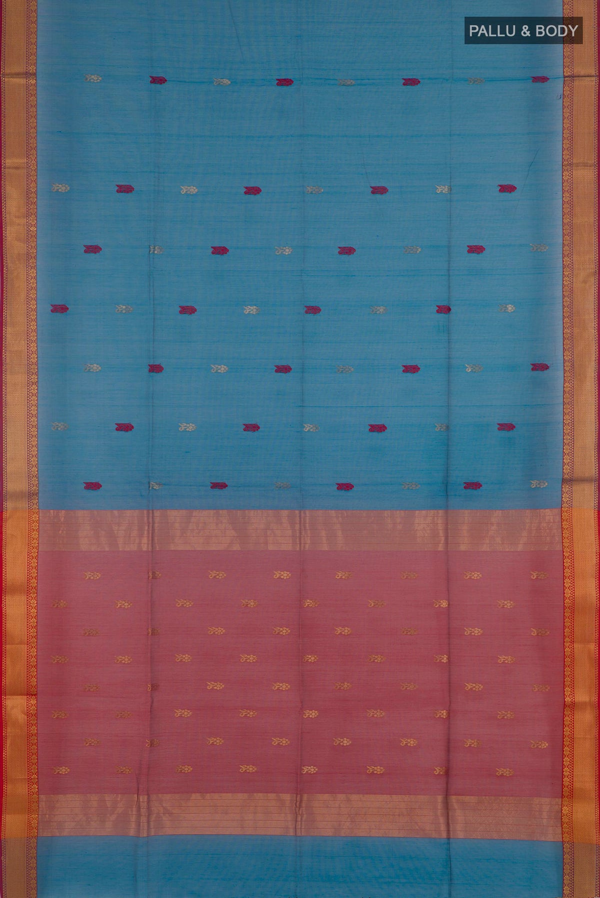 Flat view of Blue Blended Kora Cotton Saree with Zari Butta on the body and Zari Border. 